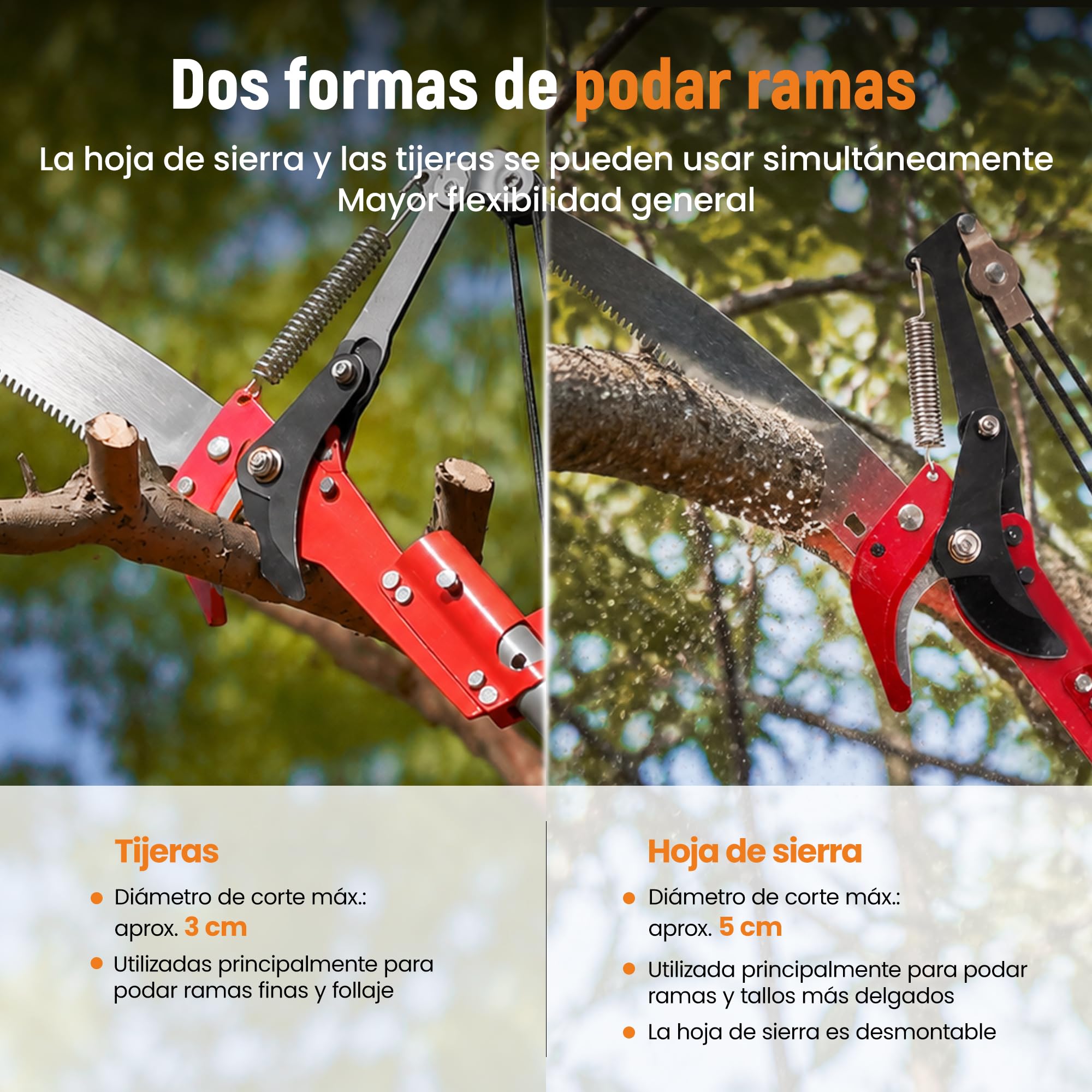 maXpeedingrods Sierra Telescópica Manual para Poda 600cm (1,35-6 m) | Herramienta 4-en-1 con Hoja y Mango Extensible – Sierra de Pértiga y Tijeras de Largo Alcance para Jardín, Huerto y Bosque