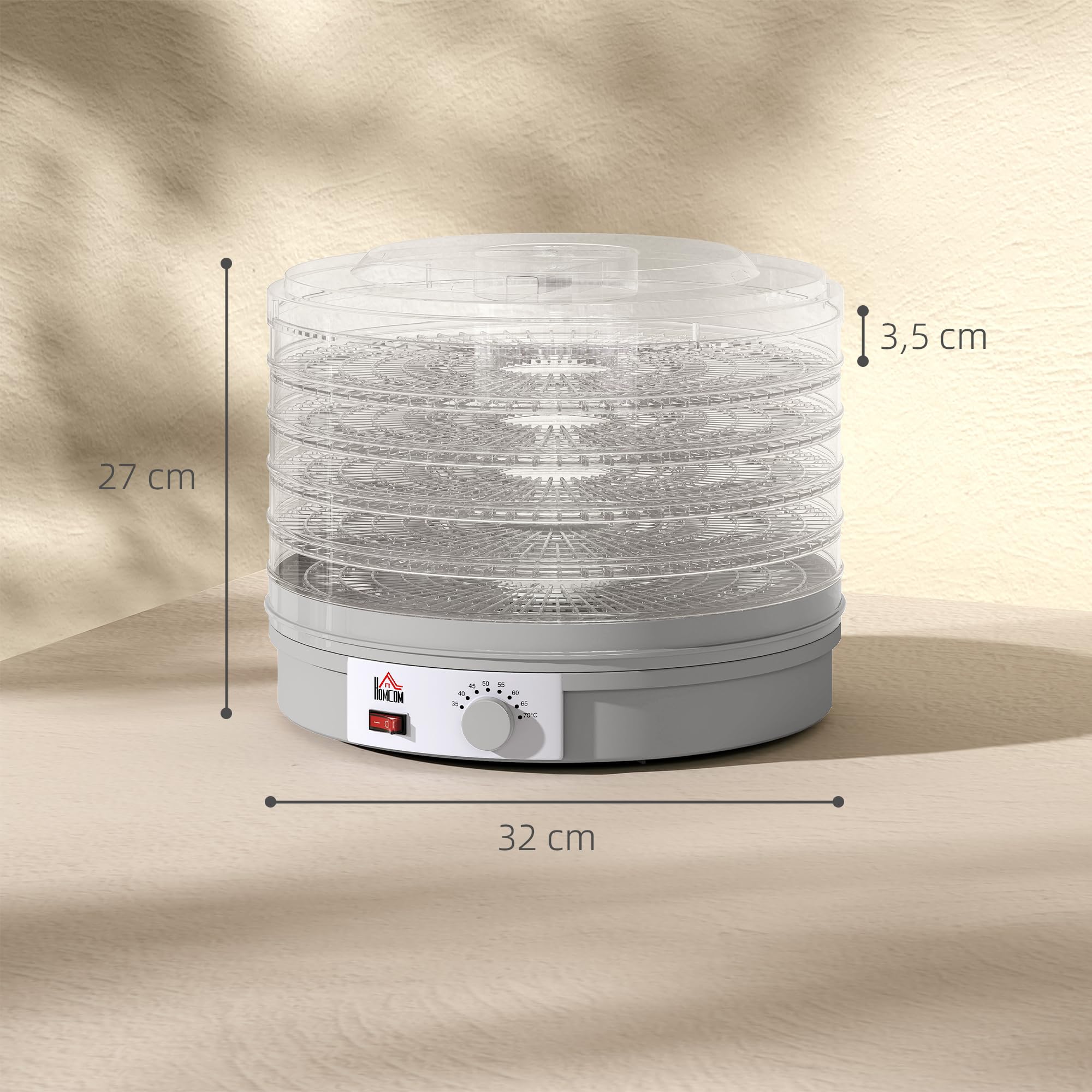 HOMCOM Dörrautomat Dörrgerät, 245 W, 35-70°C Temperaturregler, 5 Einlegefächer, Dehydrator für Lebensmittel, Obst, Fleisch, Gemüse, Blumen, BPA frei
