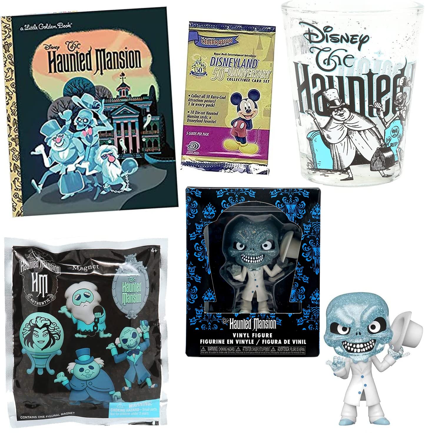 Ezra Haunted Mansion Souls Disney Ghosts Spirit Characters Mini Figure Bundled with Hitchhiking Shot Glass + Blind Bag Magnet + Ride Book + Disneyland Anniversary Cards Pack Spooky 5 Items