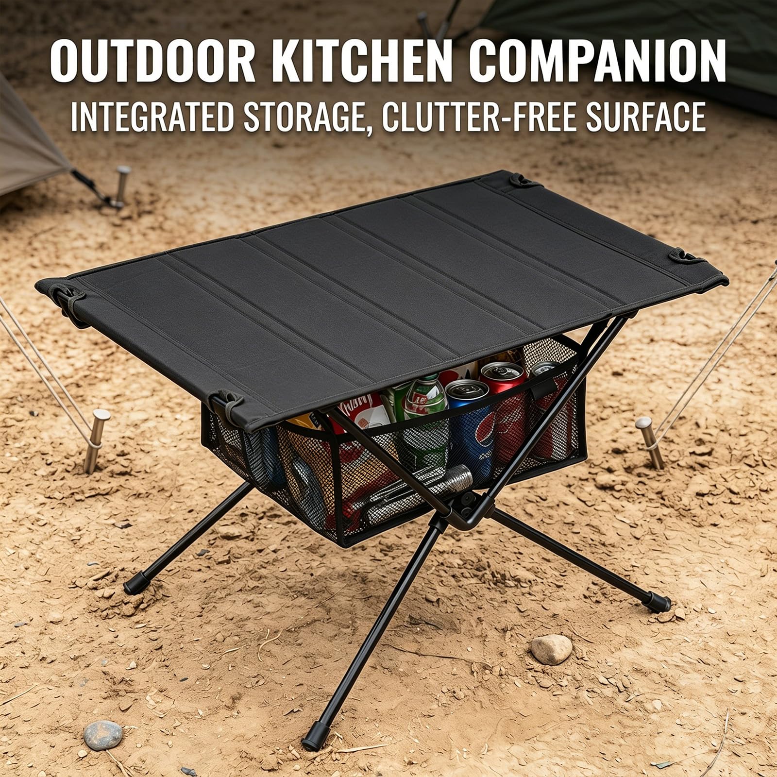 Gohytal Table pliante portable en aluminium avec sac de transport et sac en filet, table d'extérieur pliable pour camping, pique-nique, cuisine, jardin, randonnée, voyage (noir)