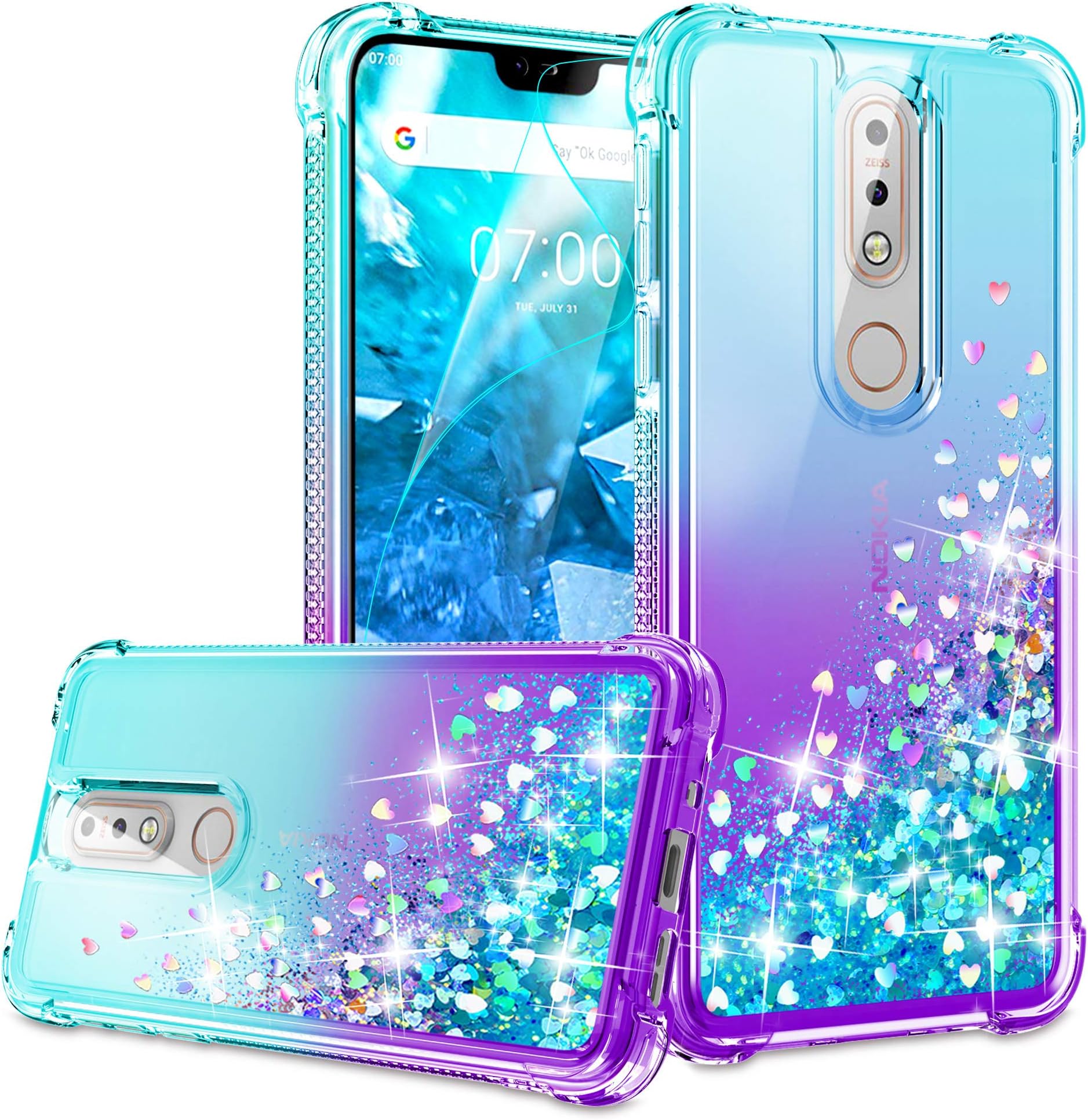 Nokia 7.1 Case, Nokia 7.1 Phone Case with HD Screen Protector for Girls Women, Gritup Cute Clear Gradient Glitter Liquid TPU Slim Phone Case for Nokia 7.1 Teal/Purple
