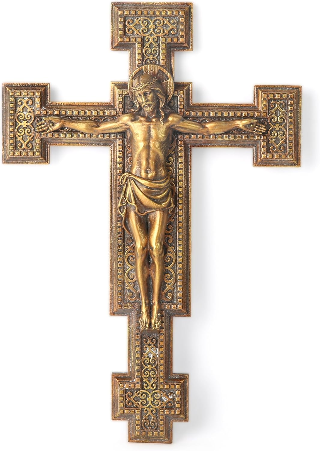 BC Catholic Jesus Crucifix Wall Cross, Catholic Wedding Gift, Devout Gift, Prayerful Inspiration Home Décor, Wood Carve Looking Gold Finish,12"H Hand Painted by Buildclassic