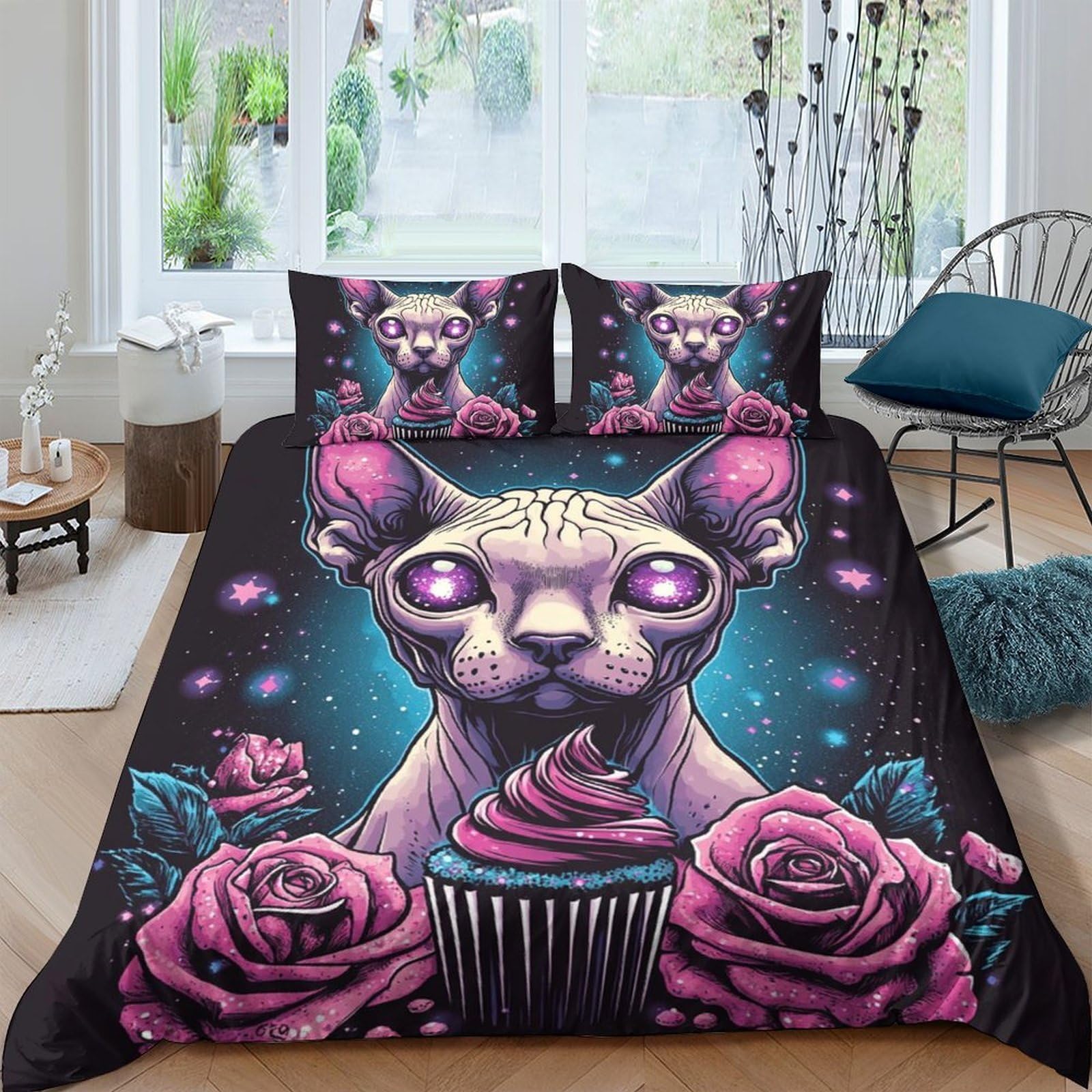 GPLZQXKJNH 3D Printed Fantasy Cat Duvet Cover Microfiber Soft Breathable Gothic Rose Bedding Set with 2 Pillowcases for Bedroom Decor Single（135x200cm）