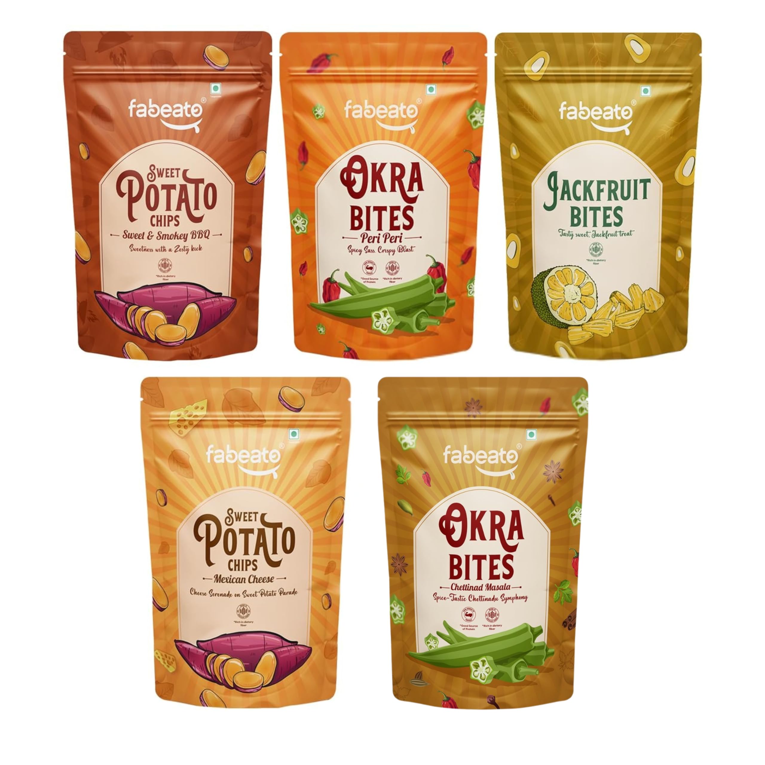 Fabeato Vegetable Chips Combo|No Palm Oil|Peri Peri and Chetinad Flavors Okra |Smokey BBQ & Mexican Cheese Sweet Potato |Jack Fruit | Vacuum Fried|Pack of 5