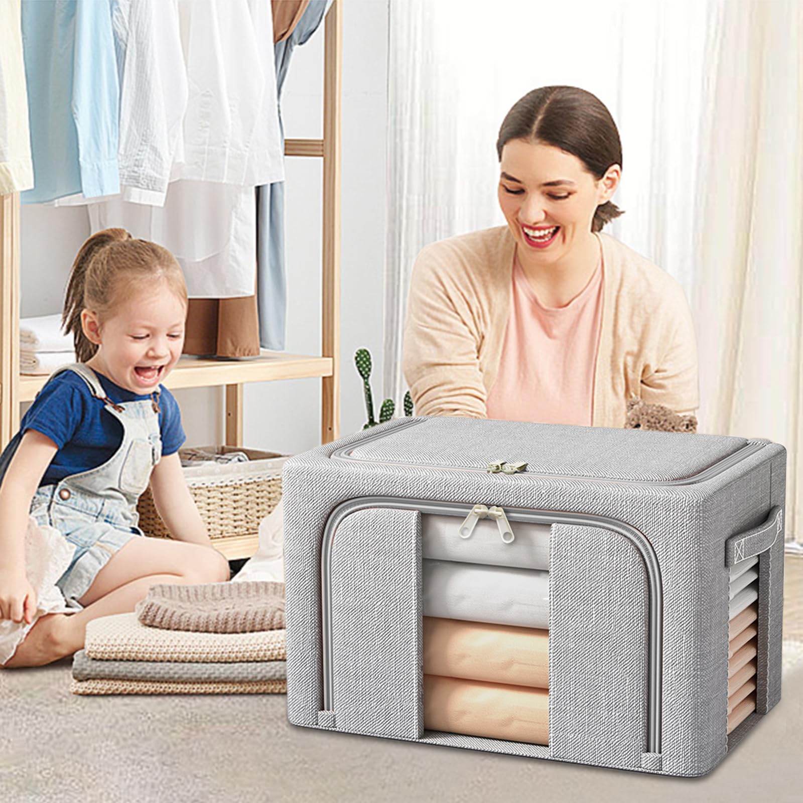 3 Pezzi Scatole per Armadio, 24 L Organizzatore Armadio con Struttura in Metallo Pieghevole, Scatole Armadio Impilabil con Cerniera per Vestiti, Coperte, Piumoni-3x24L