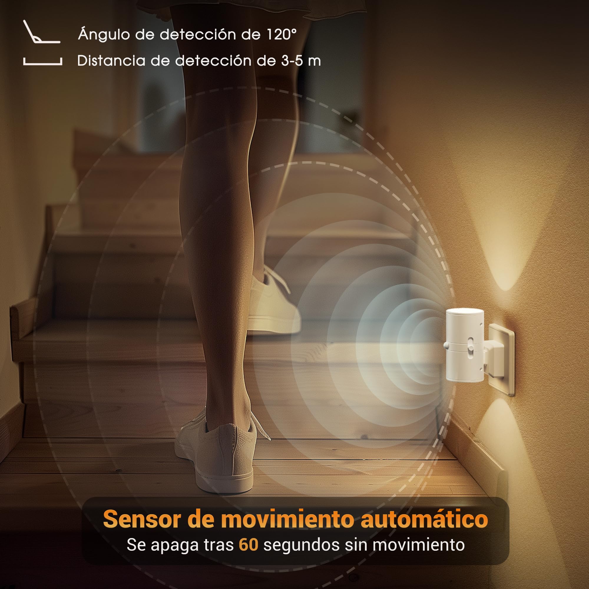 JandCase Luz Nocturna con Sensor de Movimiento, Luz Nocturna Enchufe Brillo Ajustable 0-100 lm, 3 Modos (ON/AUTO/OFF), Luce de Noche Infantil 3000K Blanco Cálido, Lampara Noche Enchufe para Pasillos