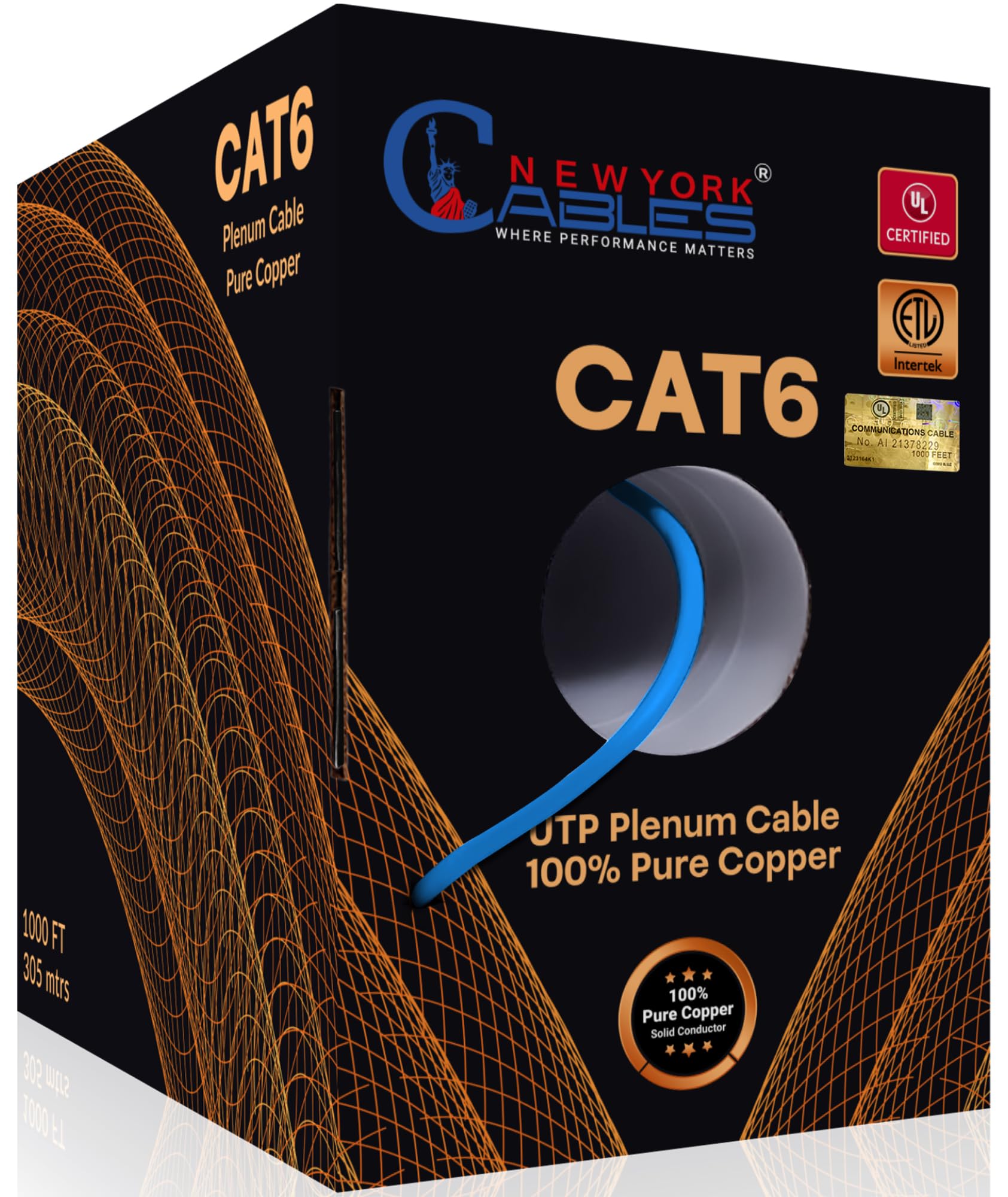 NewYork Cables | CAT6 Plenum Cable 1000ft UL/ETL Listed, 100% Pure Copper, UTP, 550MHz, 23AWG, 4Pair 10GB Ethernet Cable | Certified CMP-Rated