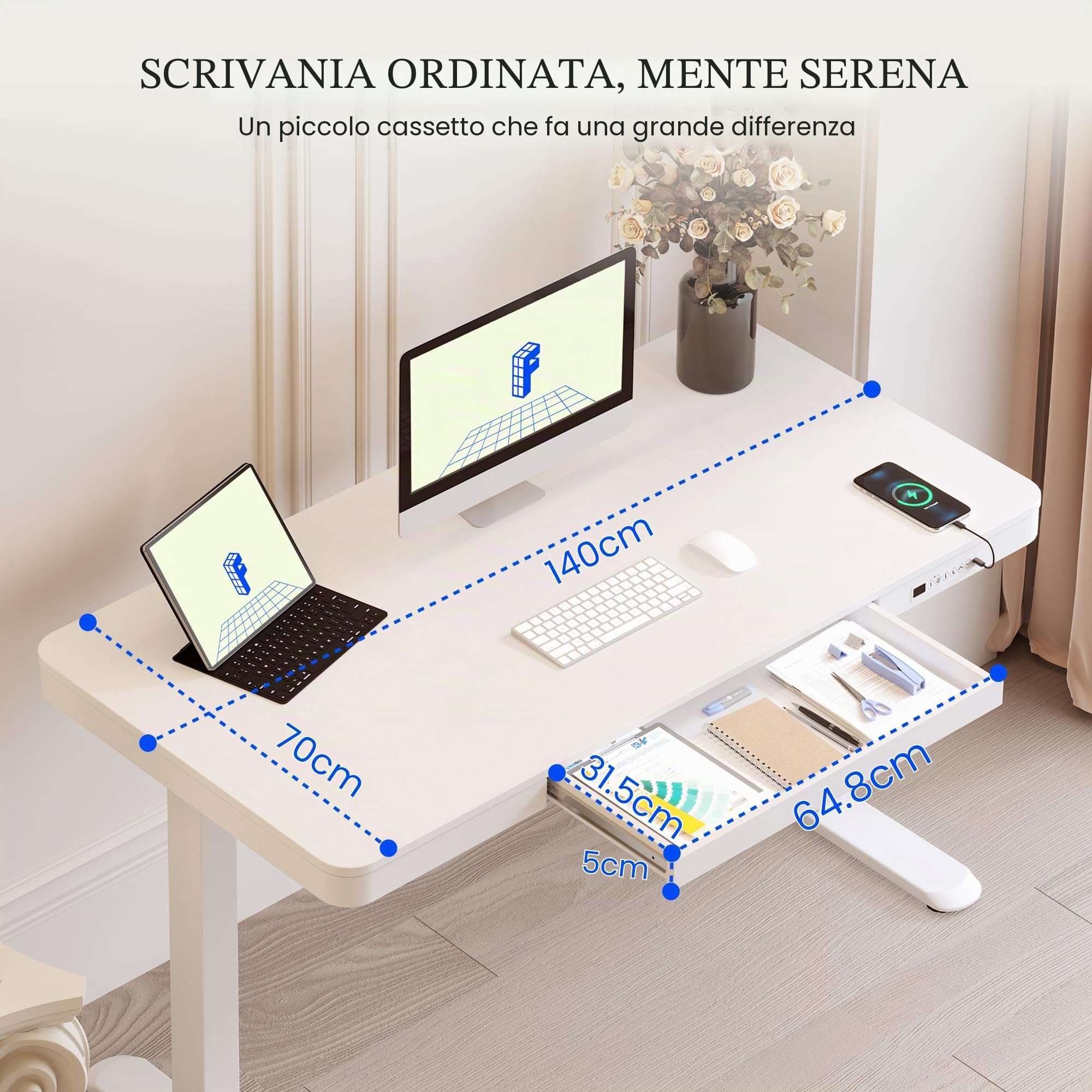 FLEXISPOT Scrivania elettrica regolabile in altezza con indicatore LED di altezza, funzione Memory e USB, scrivania elettrica con cassetto per ufficio domestico 140 x 70 cm (Bianco elegante)