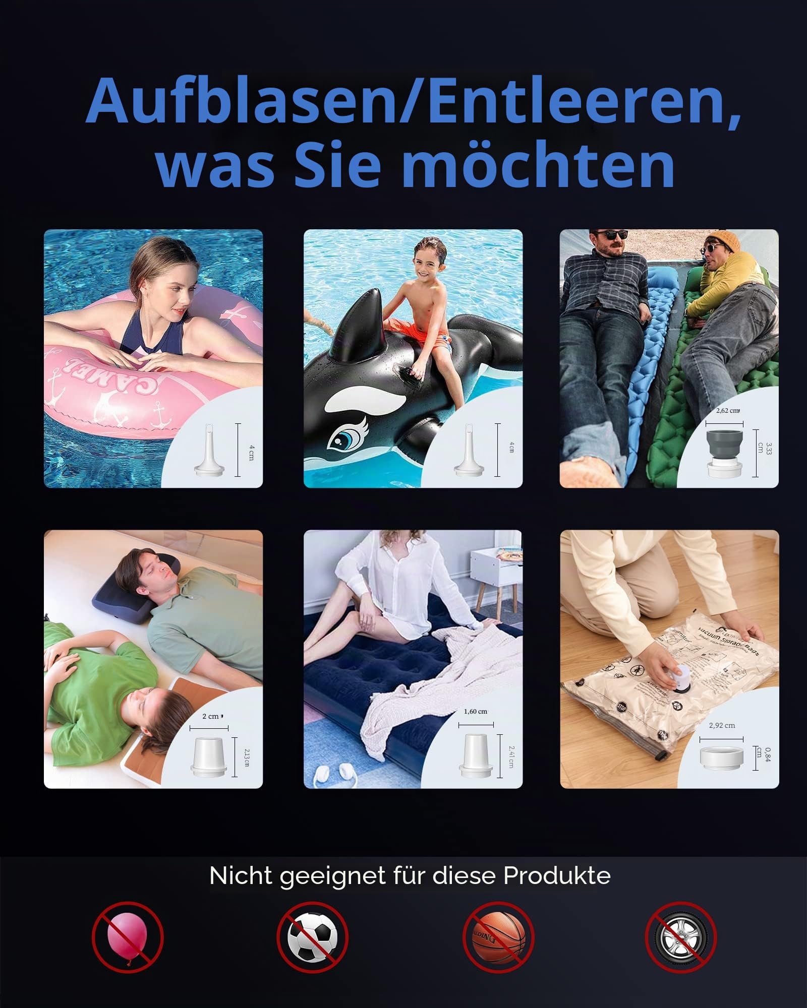 FLEXTAILGEAR Elektrische Luftpumpe 2 in 1 Kompakt Kleine Camping Pumpe, Vakuumpumpe, Akkupumpe 3 Düsen für Luftmatratze, Sofa, Pool, Boot, Schwimmring, Vakuumbeutel
