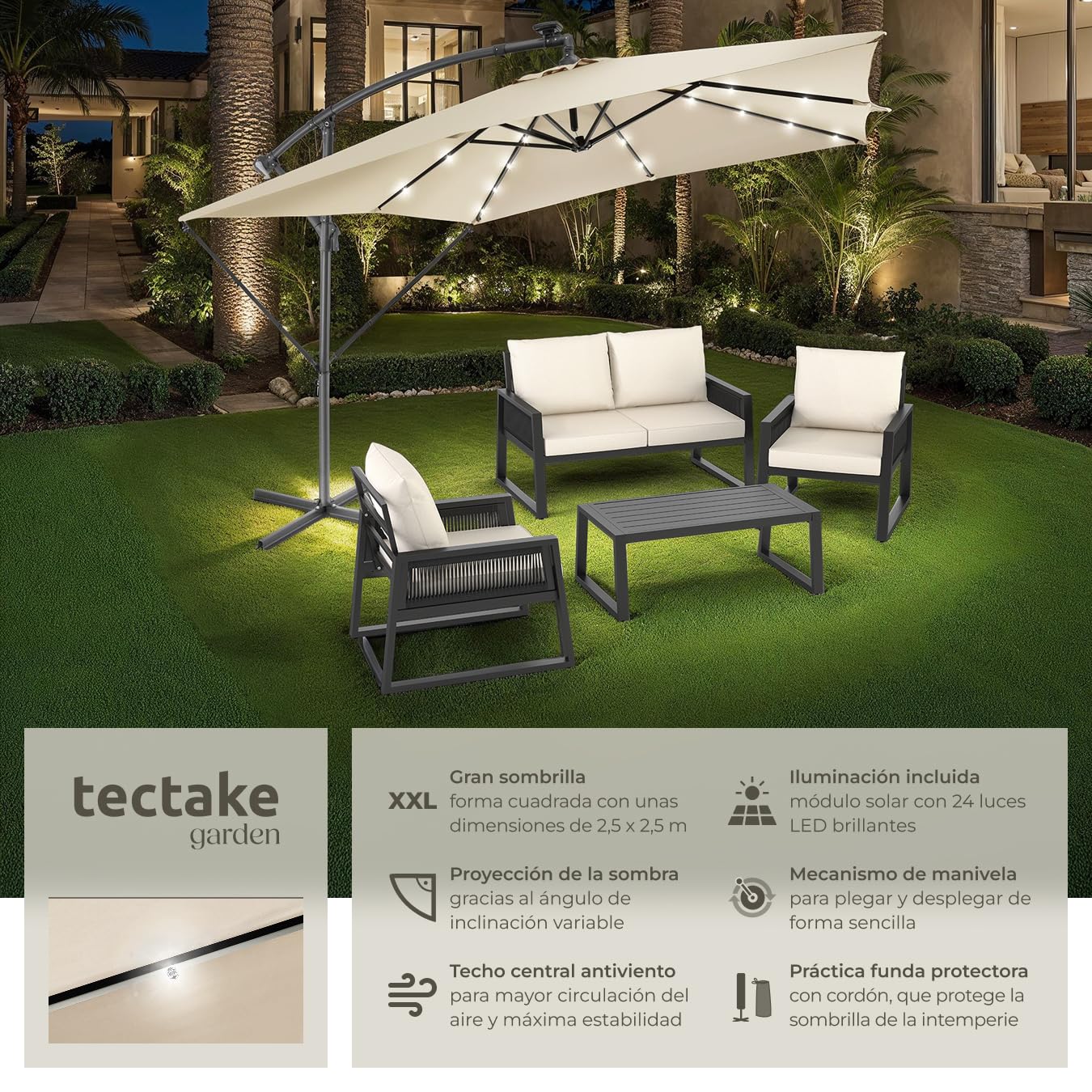 TecTake® Sombrilla Terraza Exterior con Iluminación Solar LED, Sombrilla Playa con Manivela Manual e Inclinación Ajustable, Sombrilla Jardín, Parasol Terraza, Ø250cm, con Funda Protectora