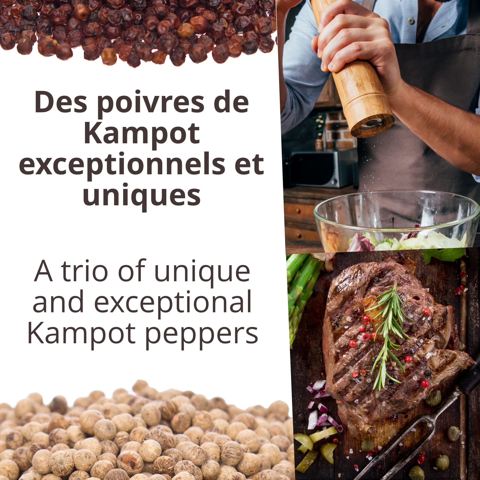 Khla - Coffret 3 Poivres de Kampot Bio - Coffret Idée Cadeau - Trio de Poivres en Grain 3 x 120g - Grands Crus, Rares - Poivre du Monde - Production limitée - Épice d’Asie Cuisine - Origine Cambodge