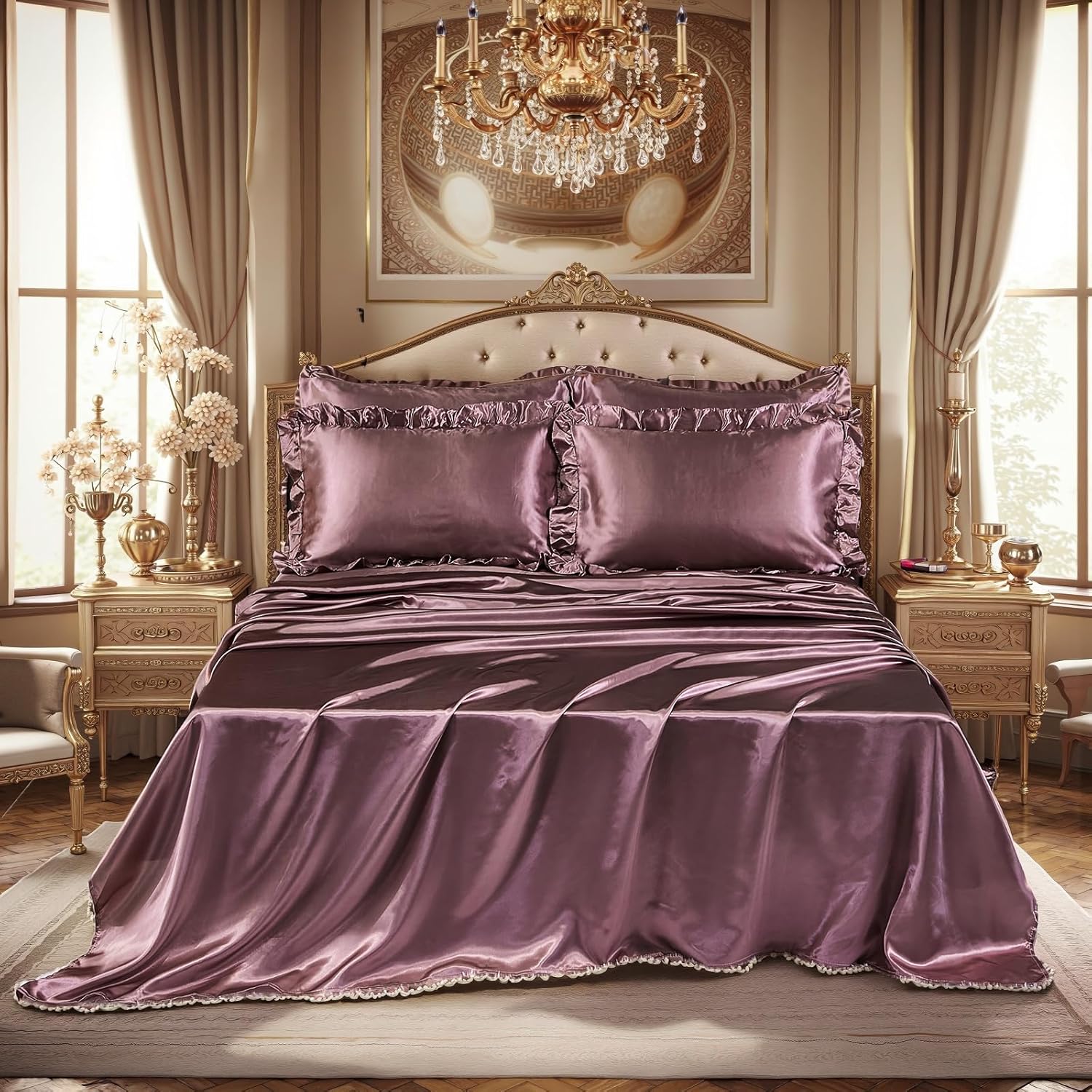 Silk Like Satin Comforter Set with Sheet Set Queen Size 8 Pieces Blush Pink Satin Bedding Set Silky Ruffle Pattern Home Deocr Luxury Silky Comforter Set with 1 Cushion Cover