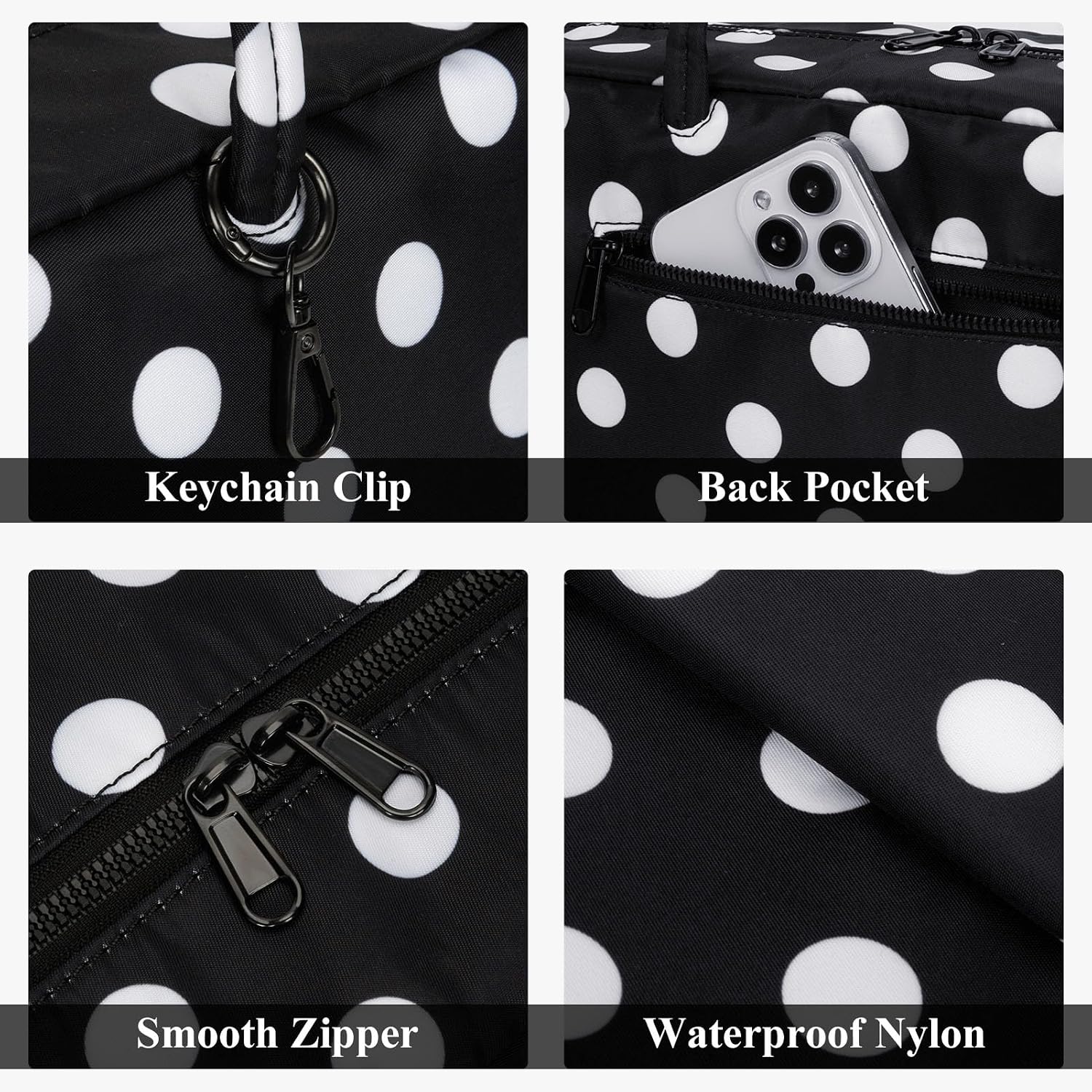 Nylon Polka Dots Bowler Bag Polka Dots Purse for Women Nylon Shoulder Bag Top Handle Tote Bag with Key Leash