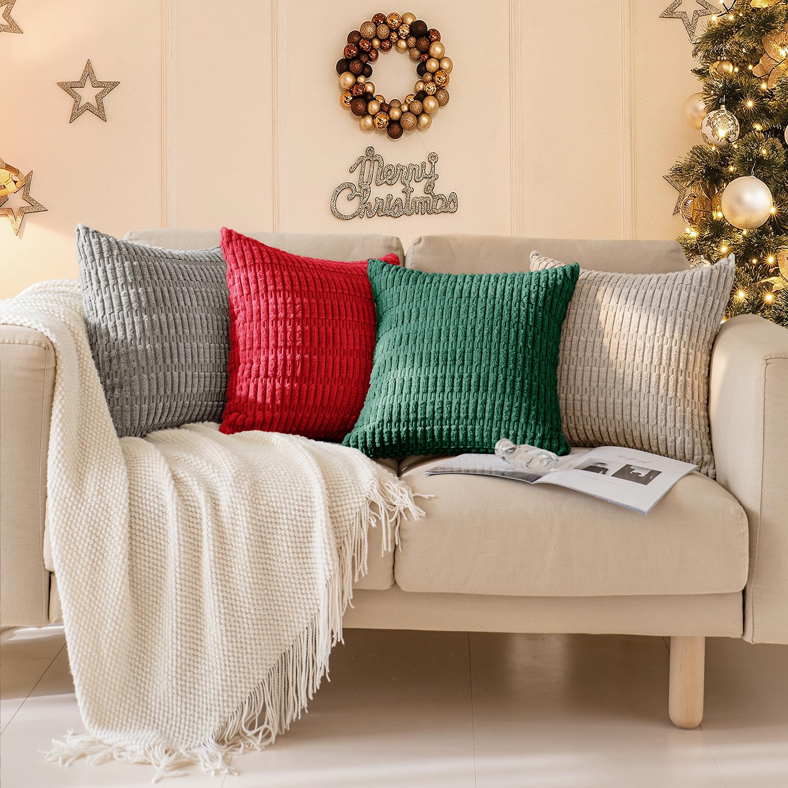 Softalker Juego de 2 fundas de almohada navideñas de 22 x 22 pulgadas, de pana suave, a rayas, bohemias, modernas, decorativas, para sofá, dormitorio, sala de estar (rojo)