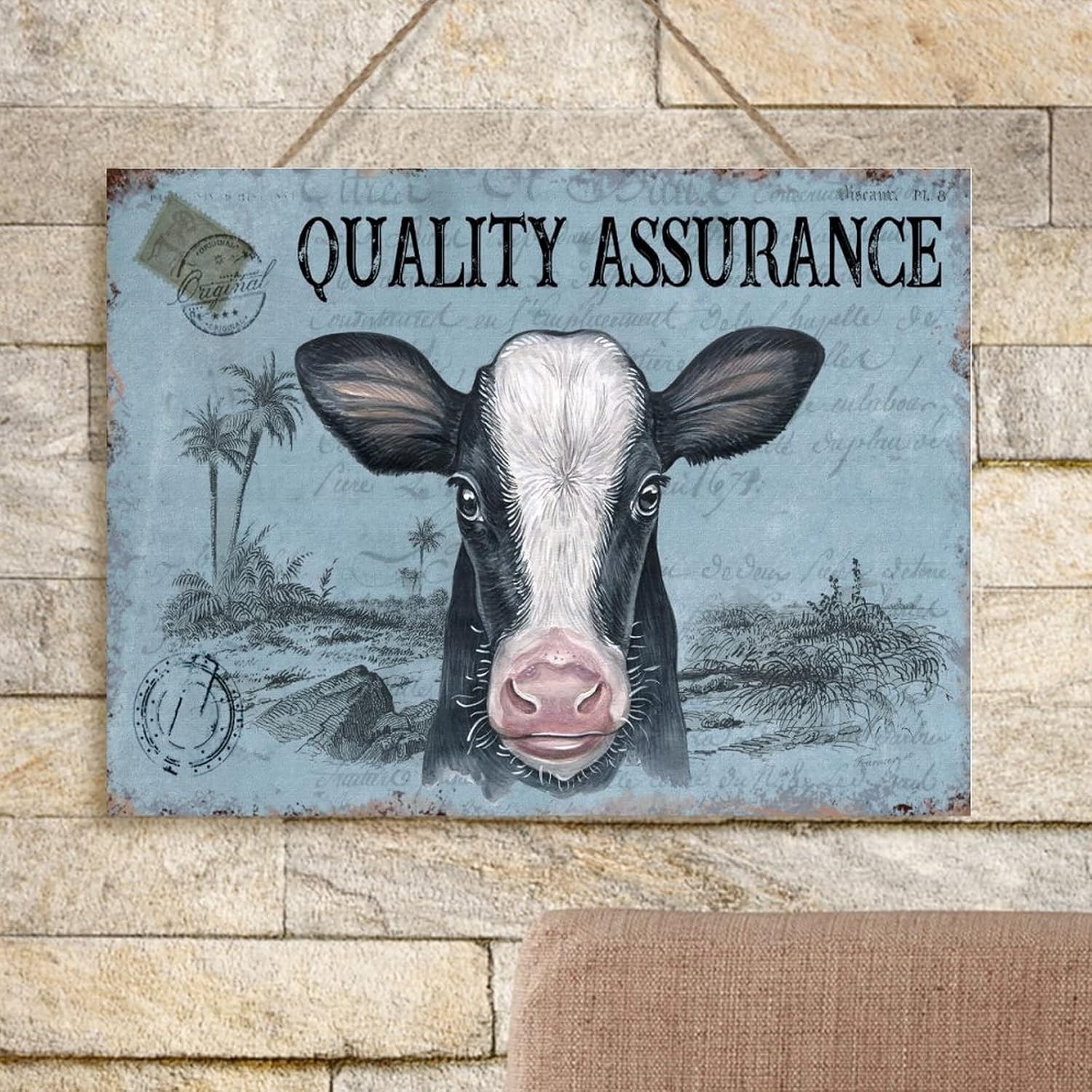 Rustic Farmhouse Sign Vintage French Style Cow Blue Wall Art Decor Watercolor Farm Animal Cattle Wood Sign for Home Office School 24x18in New Home Gift to Farmer