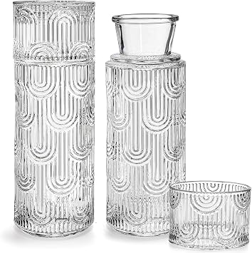 Coloch 4Pcs Bedside Glass Carafe Set With Tumbler, 21 Oz Glass Water Pitcher with 6 Oz Cup as Lid Vintage Mouthwash Dispenser Nightstand Carafe and Cup for Midnight Drink Set, for Bedroom, Bathroom