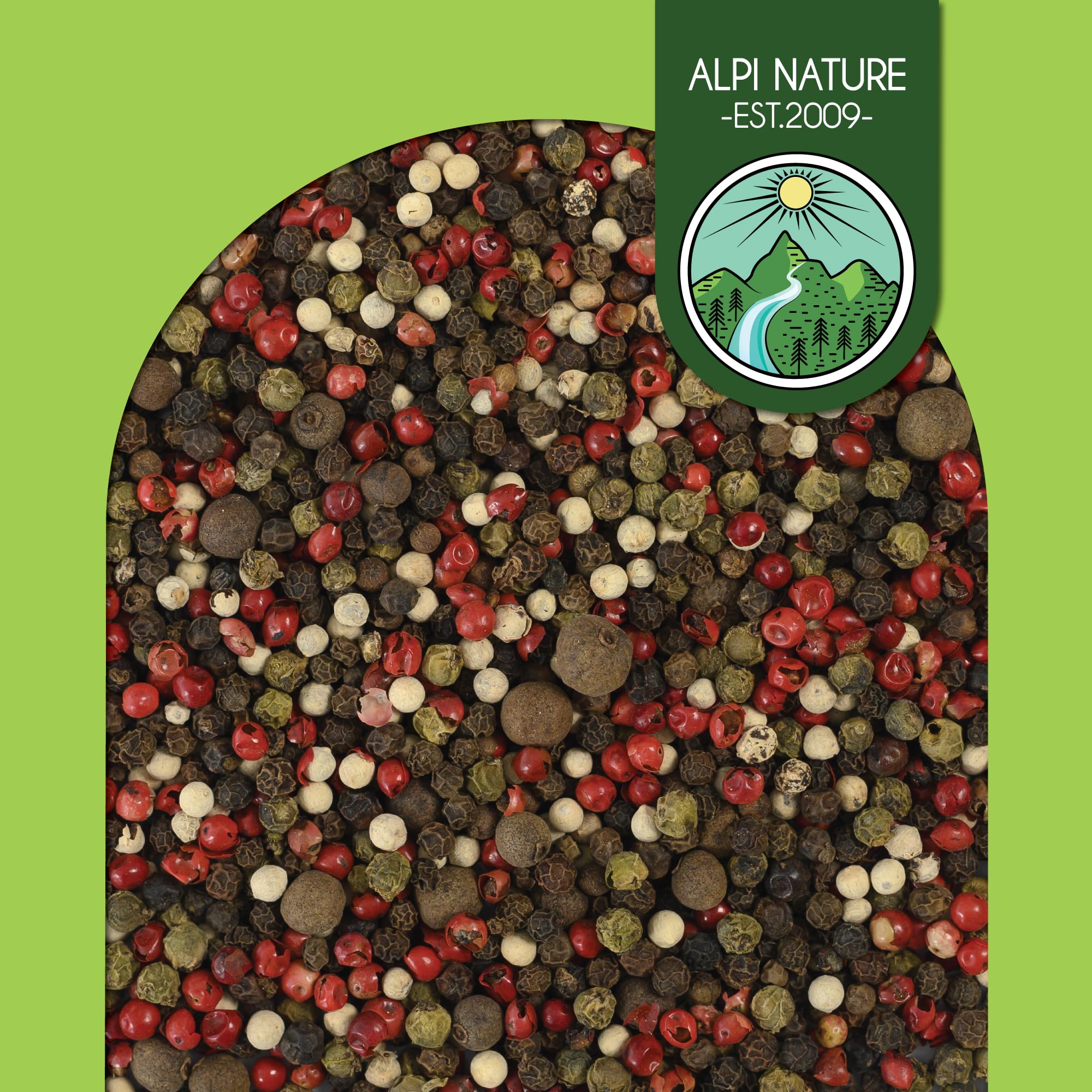 Alpi Nature Poivre 5 baies en grain 500g, Mélange d'Épices de 5 Couleurs, Poivre Noir, Blanc, Vert, Rose et Piment de la Jamaïque