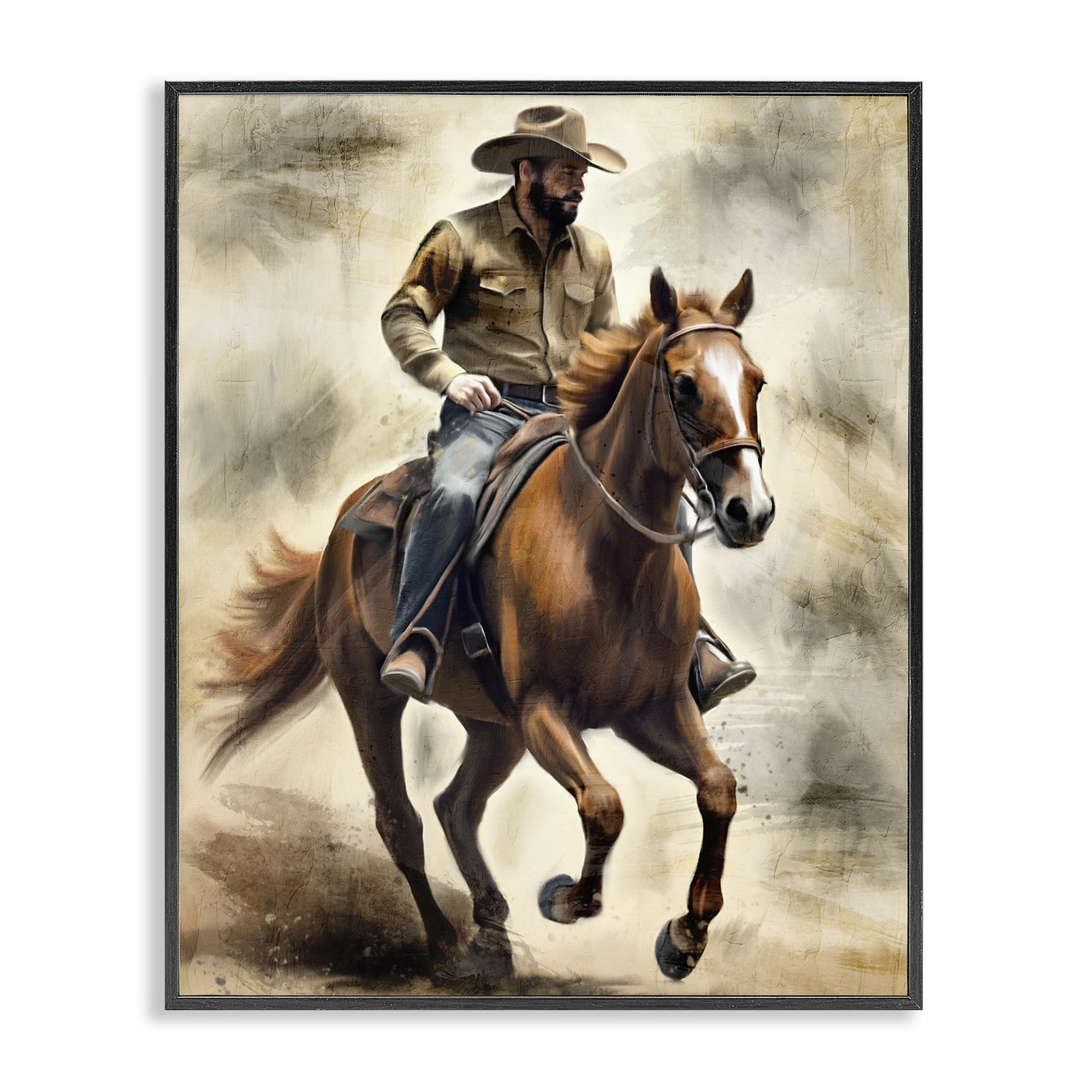 Stupell Industries Midnight Black (Textured) 'Gallop Horse & Cowboy'| Framed Giclee Art