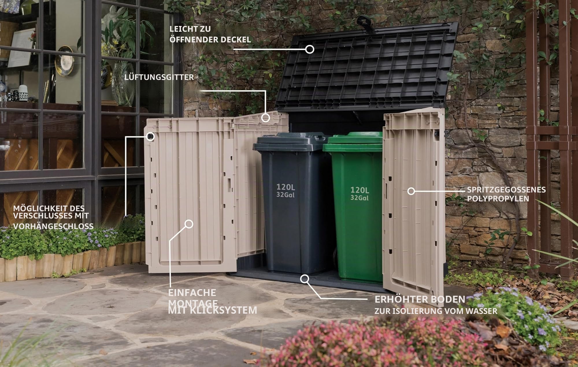 Keter 17197253 Store It Out Midi Gartenlager aus Kunststoff, Schuppen, Beige und Braun, 845 L, 130 x 74 x 110 cm
