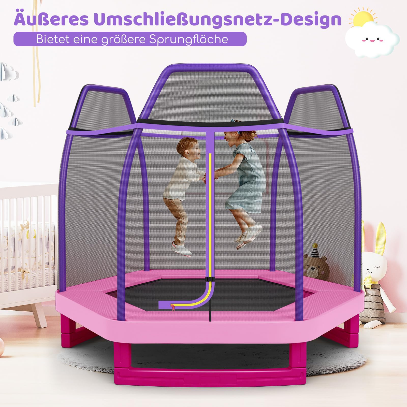 COSTWAY Ø223cm Gartentrampolin mit Sicherheitsnetz, gepolsterten Stangen & Randabdeckung, Trampolin Kindertrampolin bis 150KG belastbar, Indoor-/Outdoortrampolin für Kinder ab 3 Jahre