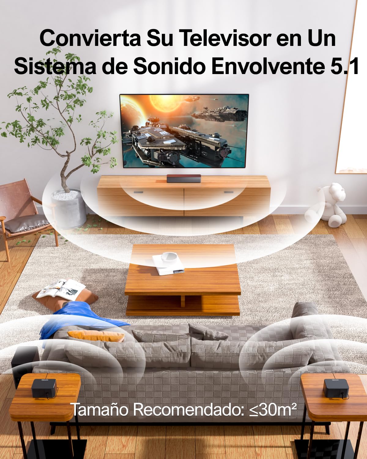 ULTIMEA 5.1ch Barra de Sonido Envolvente, Pot Máx 320W, Barras de Sonido TV con Subwoofer y 2 Altavoce Trasero, Sistema de Home Cinema con Bajos Ajustables, BT 5.3/HDMI/Óptico/AUX/USB, Poseidon D50