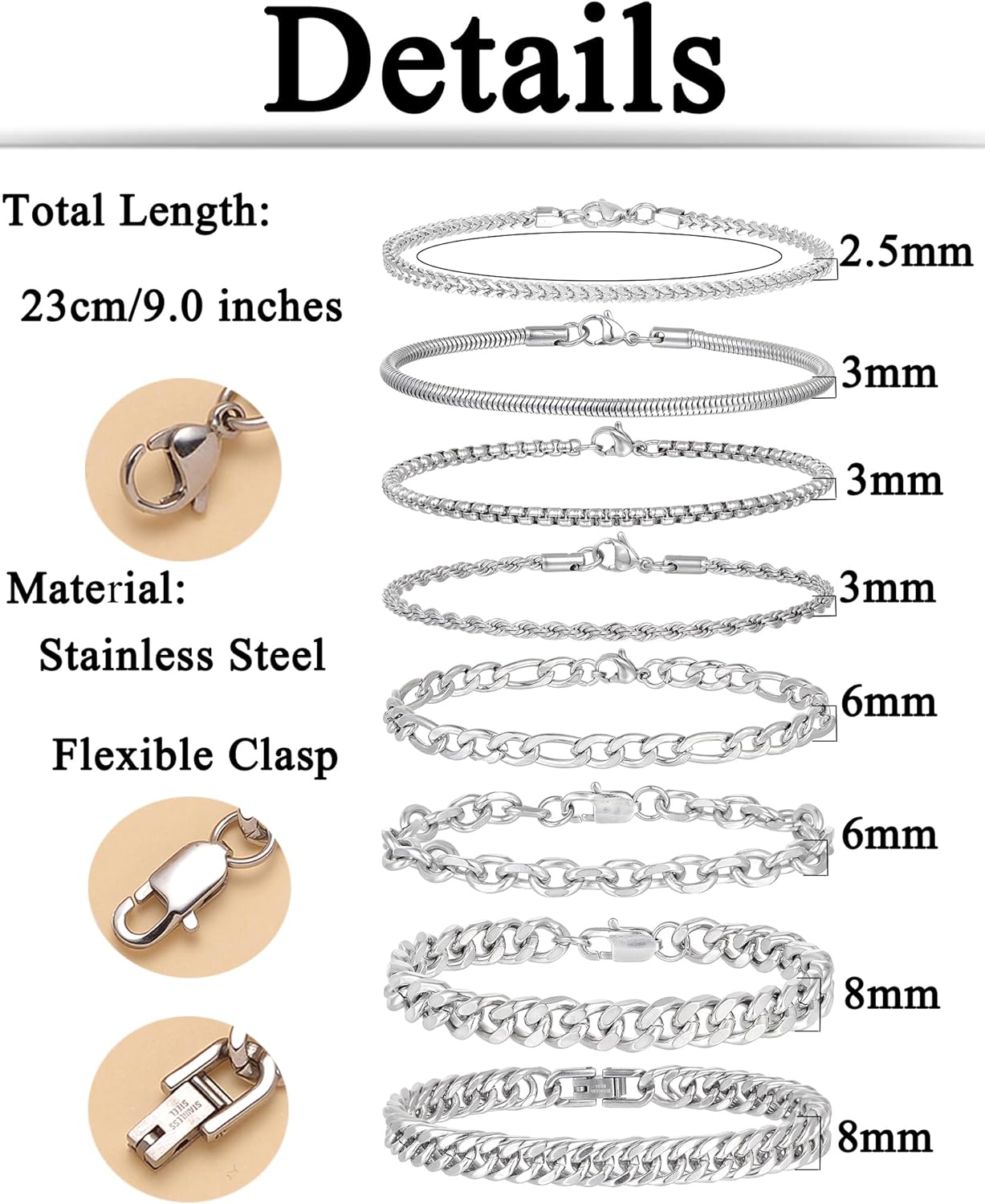 Tornito 8Pcs Chain Bracelet Stainless Steel Curb Width Rope Figaro Cuban Link Paperclip Twist Chain Bracelets Set for Men Women 7.5/8.3/9.0 Inches - Image 2
