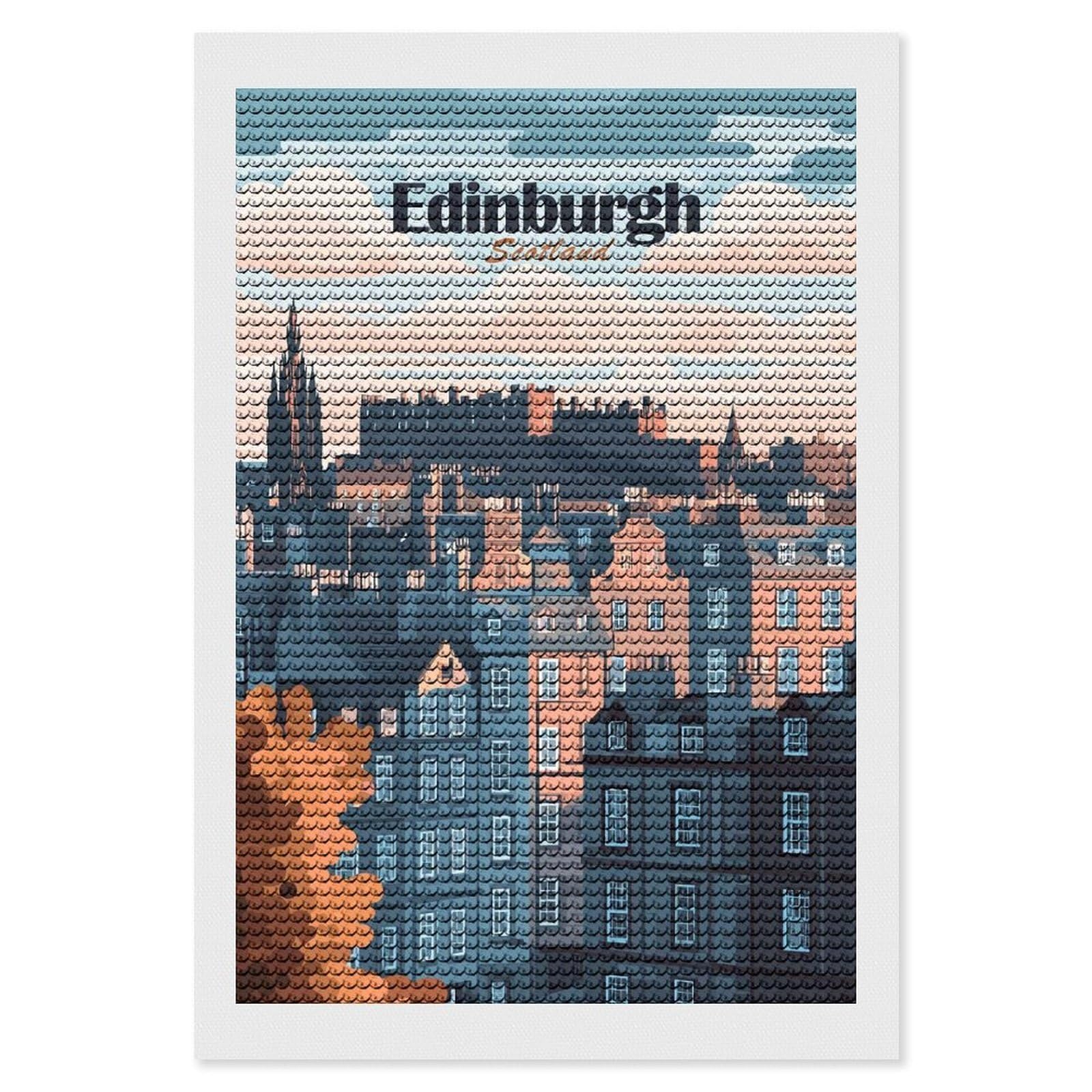 Junmoney Edinburgh, Scotland Cityscape Illustration Diamond Art Kit 8"x12", Bedroom Decor, Adhesive Canvas, Full Kit Included, Thoughtful Present, Birthday Gift