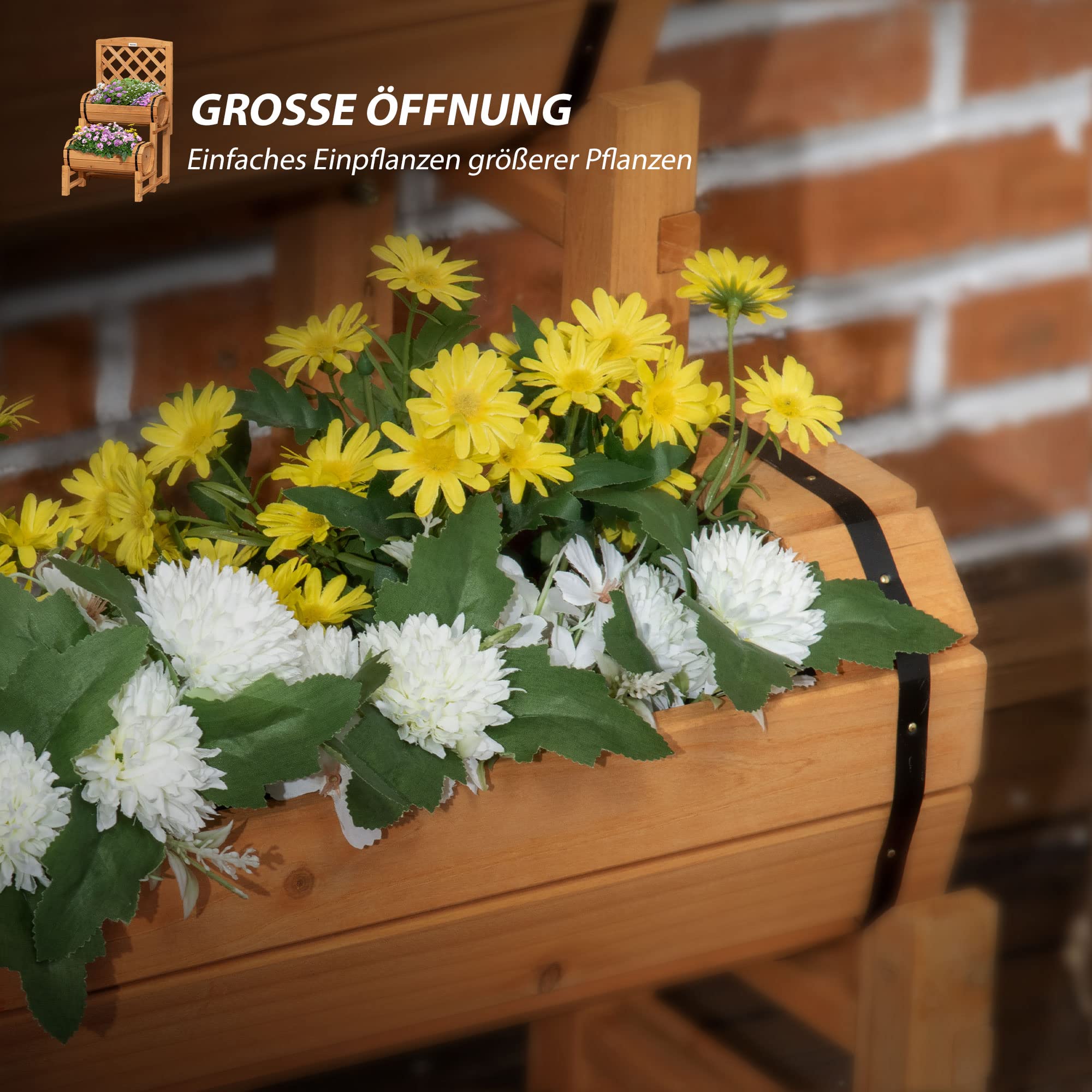 Outsunny Podwyższona grządka, drewniana skrzynka na kwiaty z kratką dla roślin pnących, skrzynka na rośliny o rustykalnym wzornictwie, grządka na warzywa do ogrodu, na taras, balkon, żółta, 45 x 45 x 80 cm