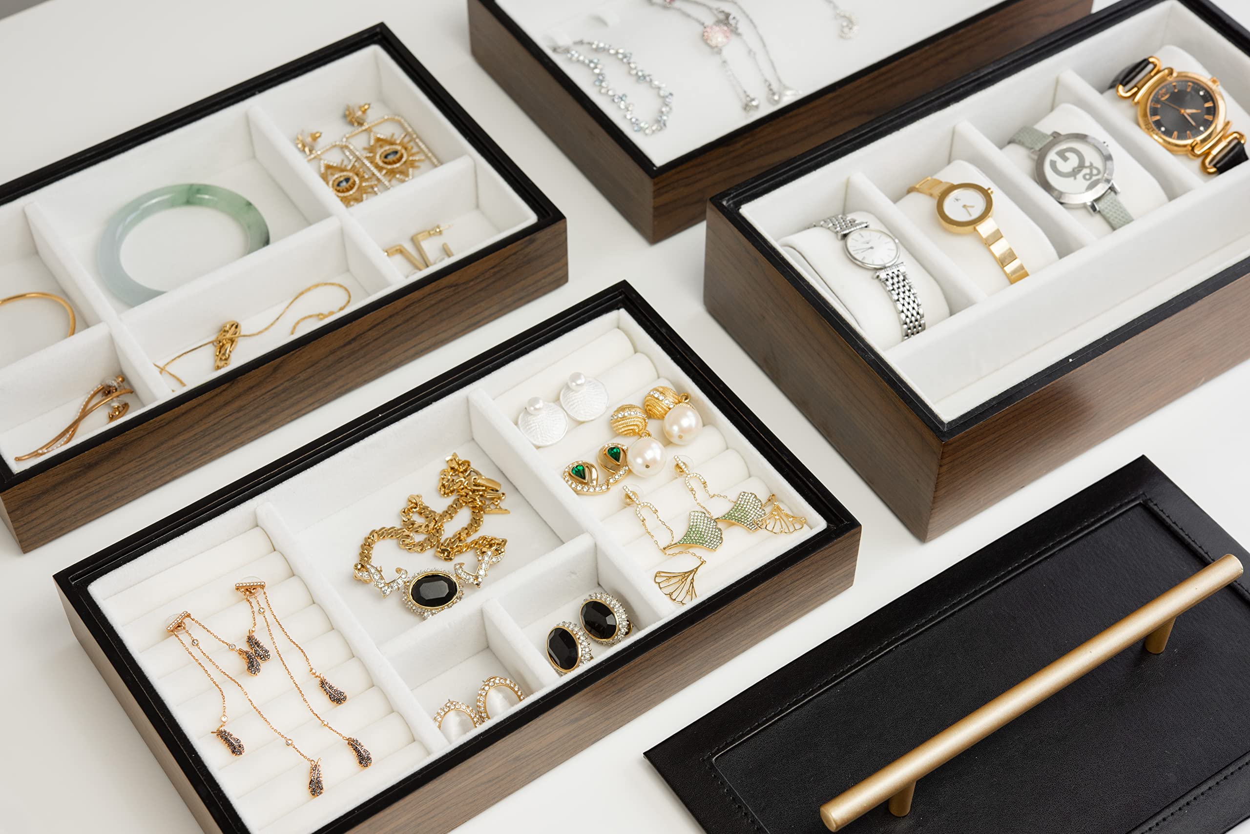 OMBRE HOME Wooden Stackable Jewelry Box Trays Storage Organizer Cabinet Case Display, PU Leather, for Earnings, Rings, Necklace, Pendant, Bracelets, 4 tiers, Large, Watch Box Organizer