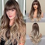HAIRCUBE Ash Blonde Wig with Bangs Long Ombre Brown to Blonde Curly Wigs for Women Natural Synthetic Wig for Daily Use (pelucas de cabello natural)