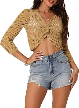 ◆WOOALONG◆Slash see-through knit crop T-shirt Women Sexy Crochet Hollow Out Crop Top Mesh See-Through Long