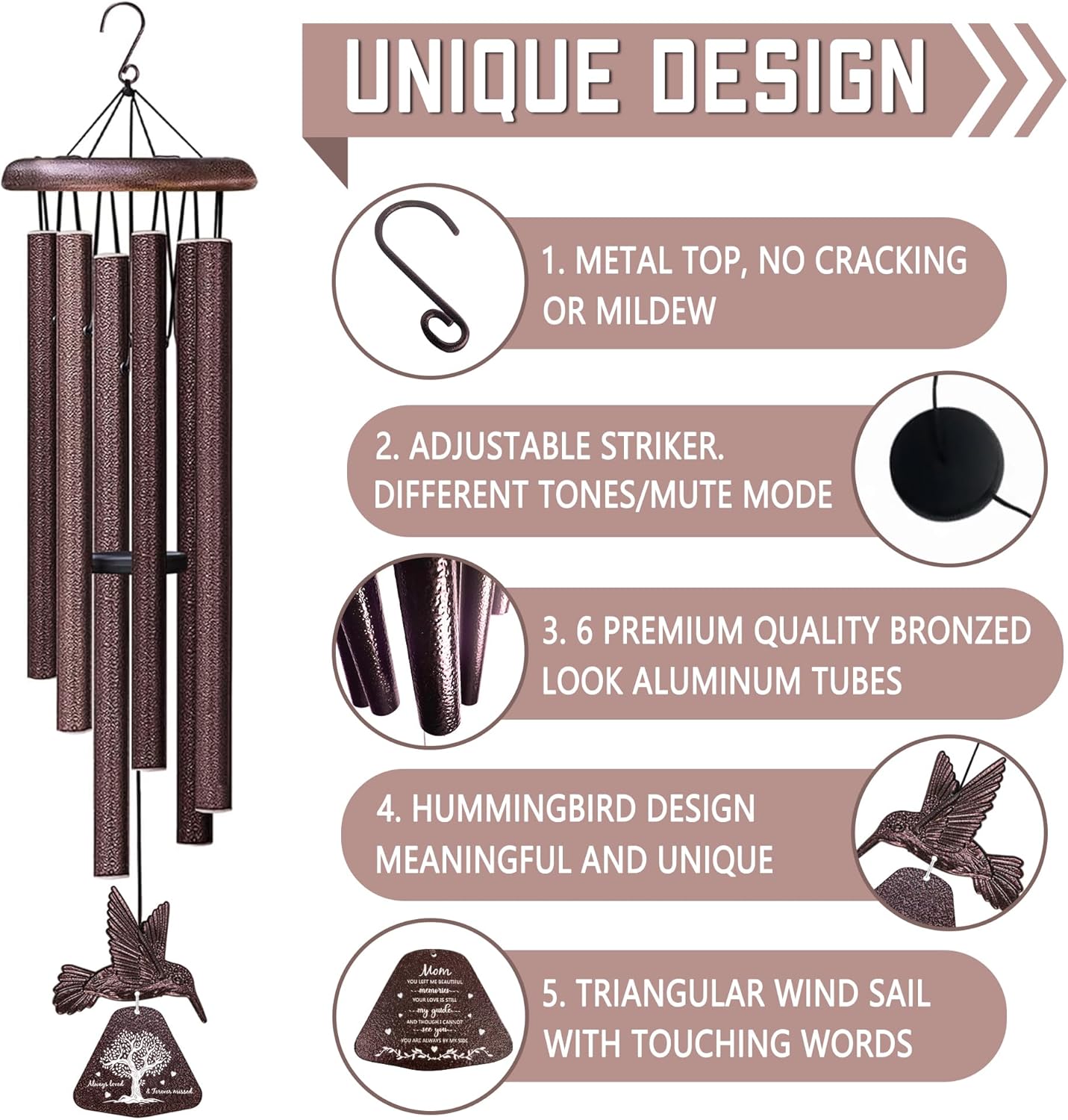 Memorial Gifts for Loss of Mom Hummingbird Wind Chimes for Outside 32", Sympathy Gifts for Loss of Mom, Bereavement/Condolence/Remembrance Memorial Sympathy Wind Chimes for Loss of a Mother