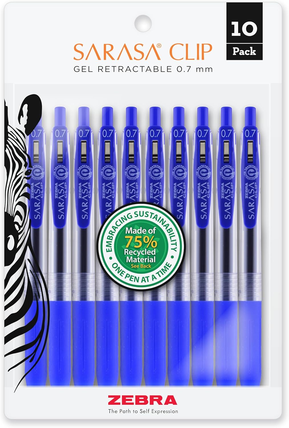 Zebra Pen – SARASA Clip Gel Retractable Pens – 0.7mm Medium Point, Blue Ink – 75% Recycled Materials, Bold Pigment Ink, Comfort Grip, Ideal for School, Journal and Note Taking Use, 10-Pack (42321)