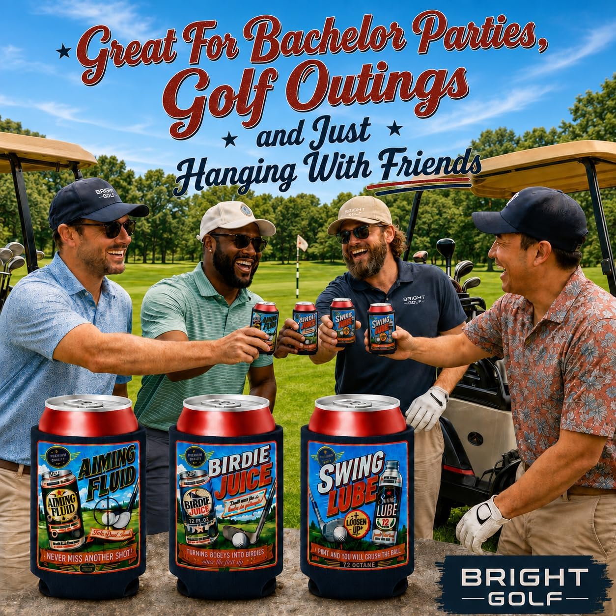 Funny Golf Beer Can Cooler Set - Pack of 6 Foam Can Cooler Sleeves - Aiming Oil, Swing Lube, Birdie Juice & More - Golf Gifts for Men, Golf Tournament Prizes & Bachelor Parties