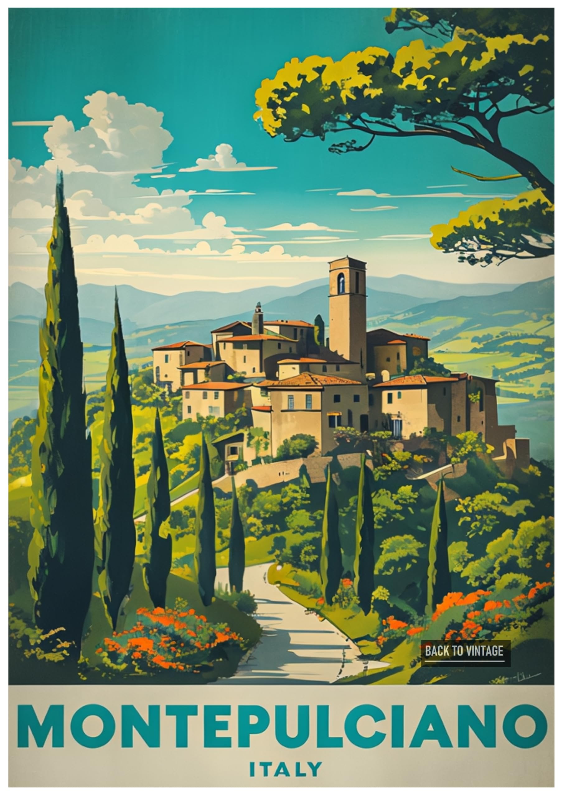 Vintage Travel Poster Showcasing Montepulciano Hilltop Village - Retro Europe Travel Poster A4 Size Vintage Wall Art Print of Famous European Destinations Ideal for Home or Office Decor
