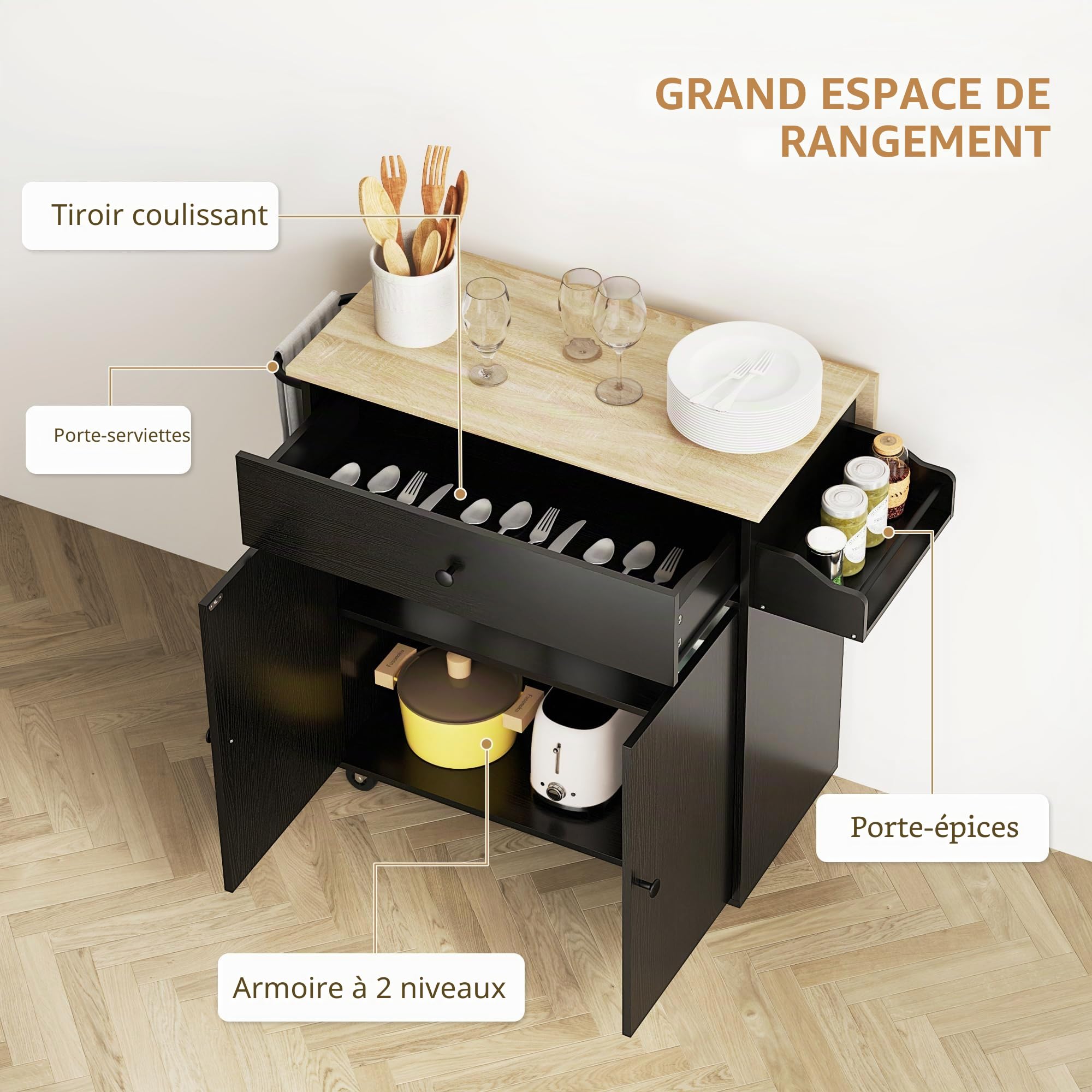 HOMCOM Îlot de cuisine avec aile rabattable, meuble d'appoint sur roulettes, 2 portes, tiroir, porte-serviettes et étagère ajustable, 106 x 42 x 87 cm, noir et chêne