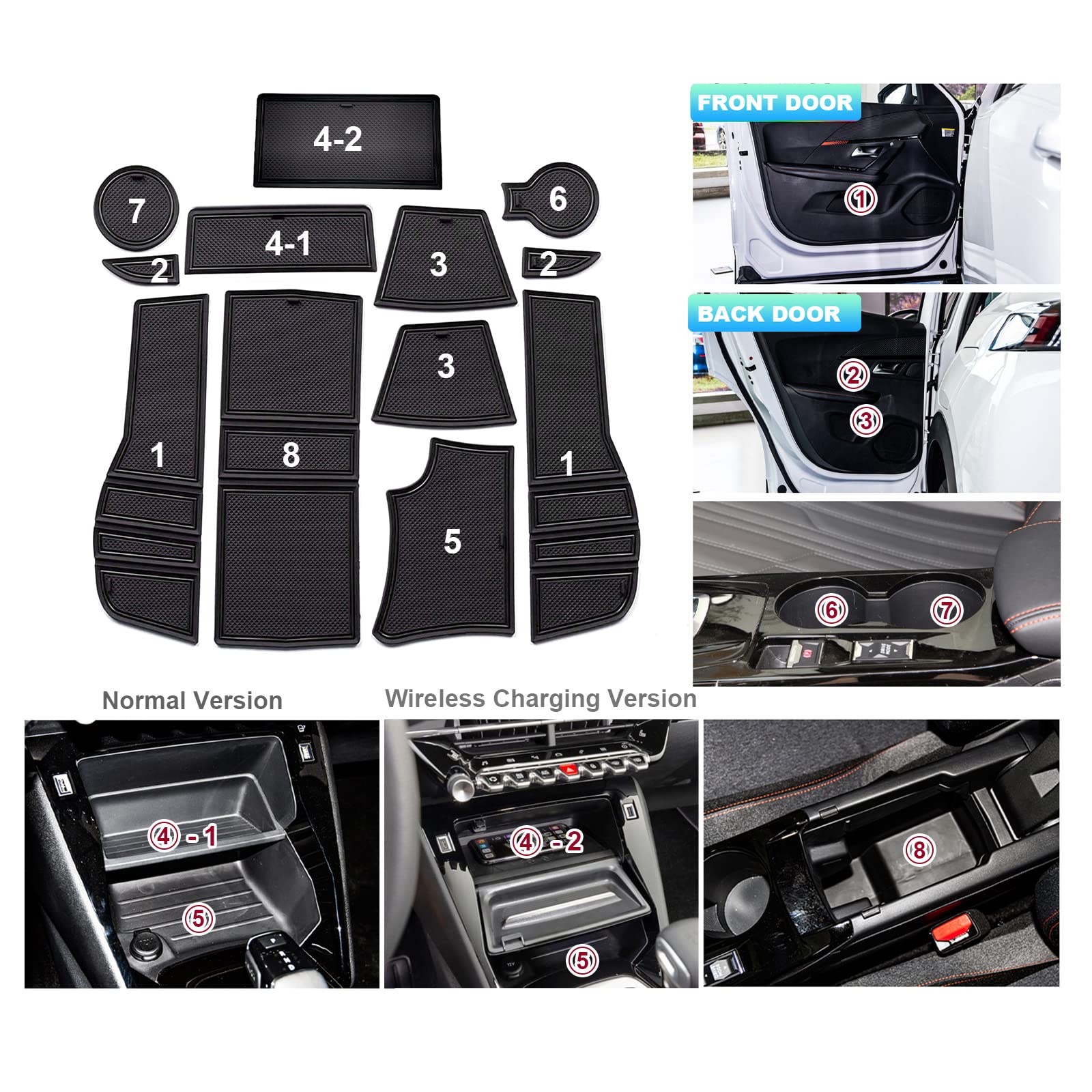 CDEFG Peugeot 2008 E-2008 2020-2023 2024 2025 rubberen antislipmatten, deurgleuf, antislip, anti-stof bekerhouder, rubberen matten, armbox