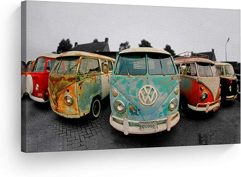 Smile Art Design Decorative Canvas Print Vintage Van Bus Art Modern Wall Decor Artwork Wrapped Wood Stretcher Bars -%100 Handmade in the USA - Ready to Hang 8x12