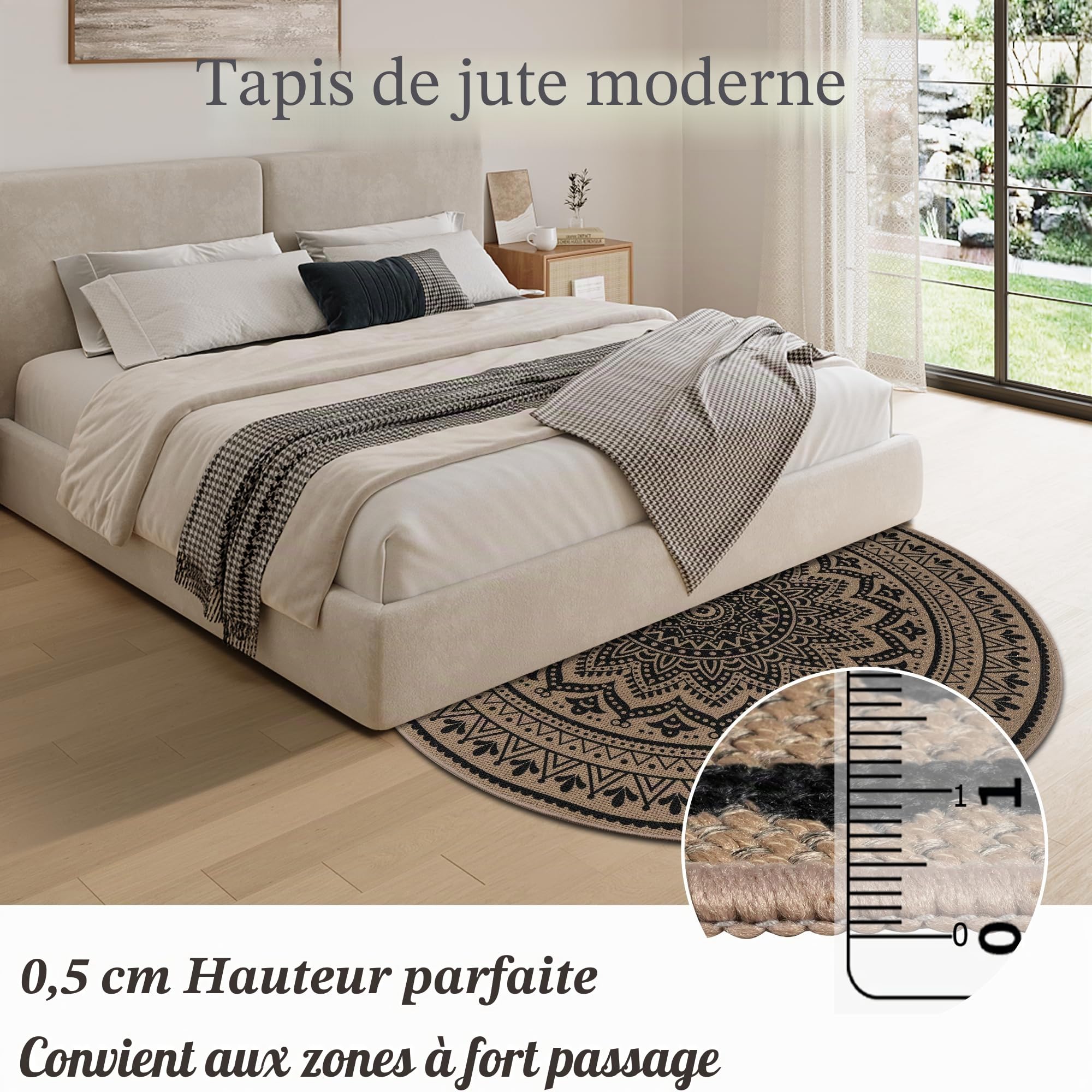 Homcomodar Tapis rond 120 cm, aspect jute, tapis de salon, extérieur, lavable, style bohème, marron, pour chambre, balcon, terrasse