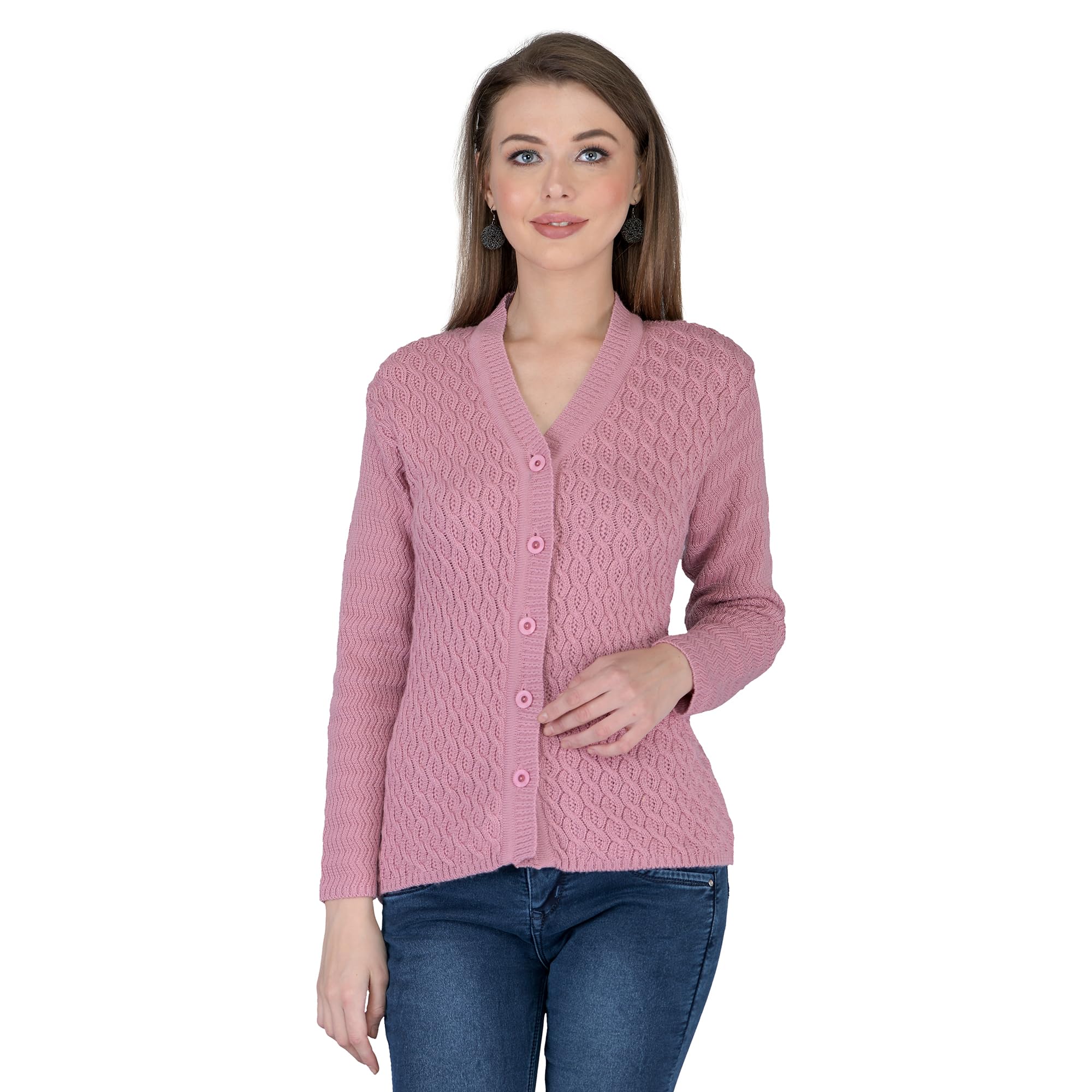 Women's Woolen V-Neck Self Design Cardigan - Heavy Daffodil Fabric Winter Wear Pure Wool Cardigan for Women - Free Size Long Cotty Fully Warm (Large, Dusty Pink)-image-20