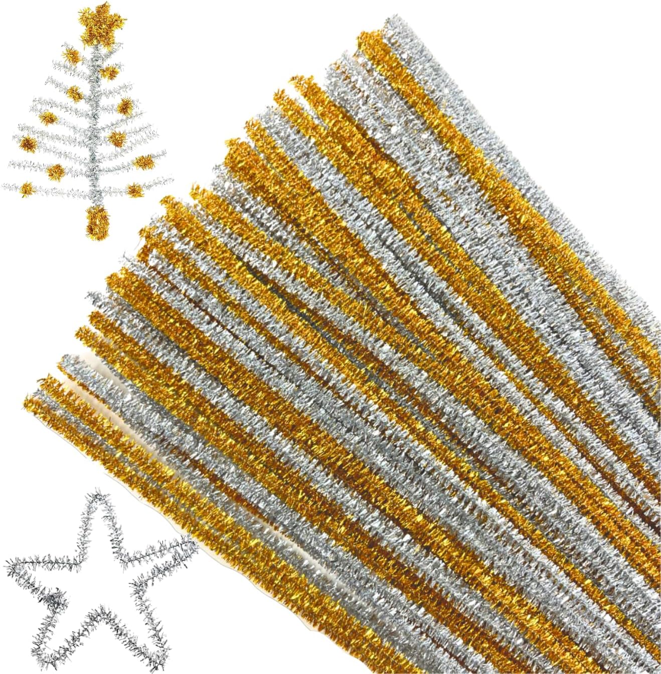 Glitter Pipe Cleaners - 100 Sparkly Gold & Silver Chenille Stems 30cm x 6mm for Christmas Crafts, Decorations & DIY