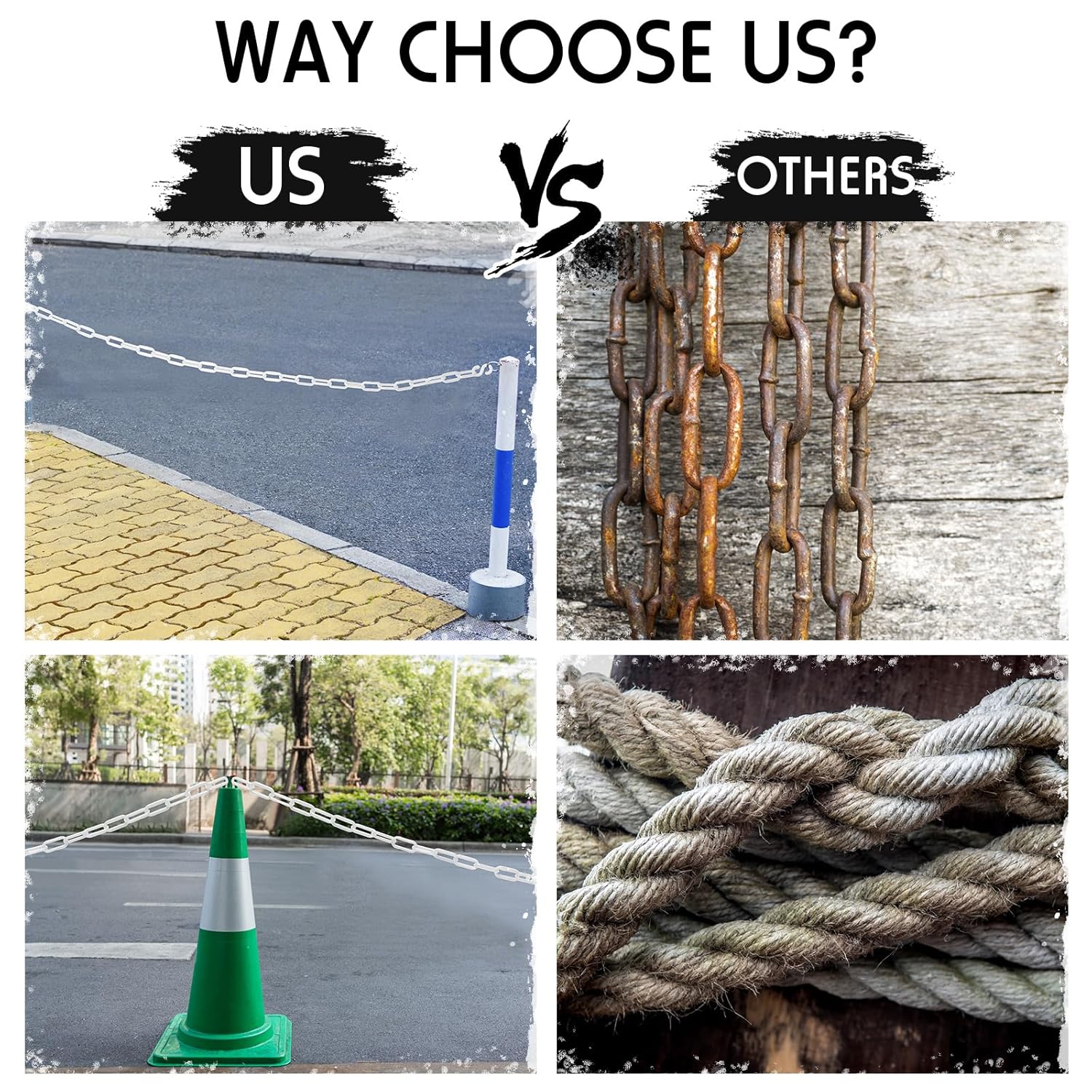 Geelin 600 ft Plastic Chain Barrier Security Safety Chain Weatherproof Decorative Chain Link Fence with S Hooks for Driveway Crowd Control Areas Entrance Garden Queue Line Parking(White)