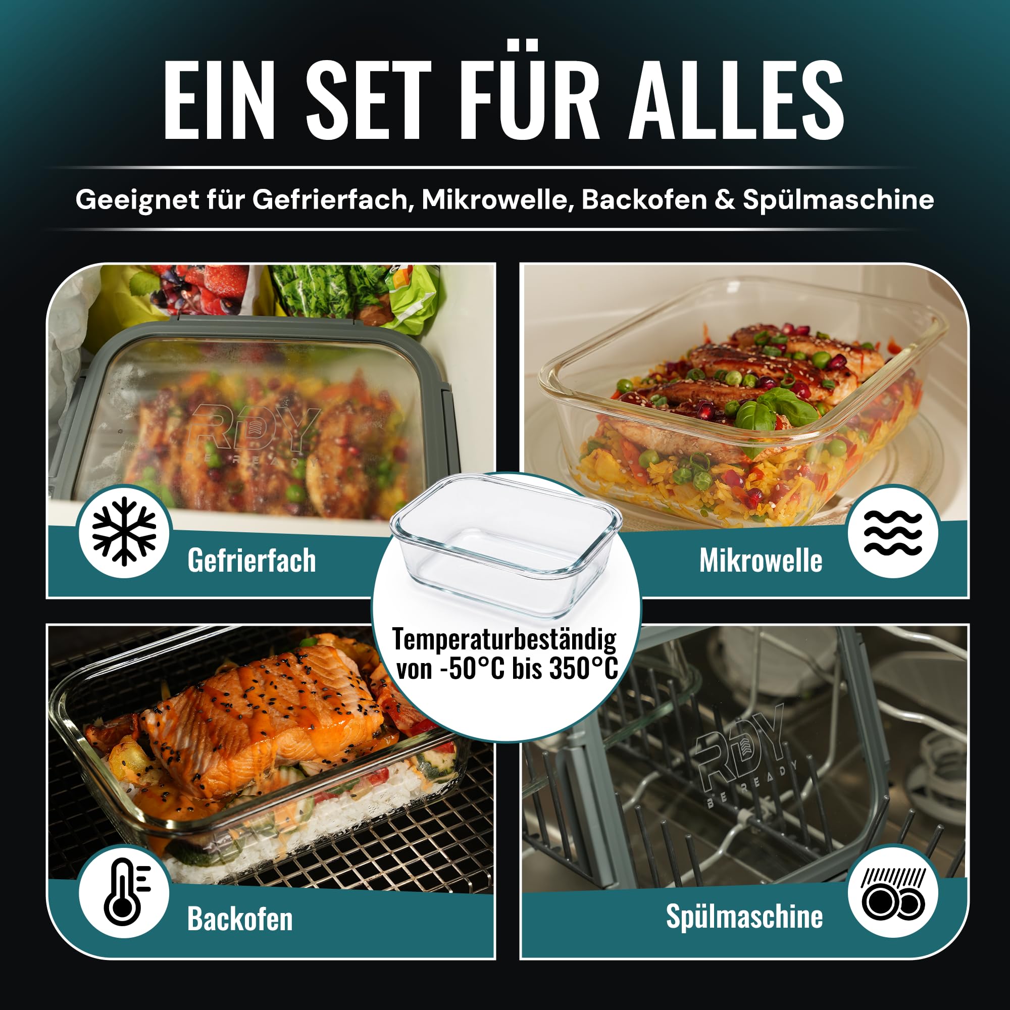 RDY® Meal Prep Set di 5 scatole in vetro ermetiche da 1500 ml, per forno a microonde, forno, congelatore, contenitori salvafreschezza con coperchio, senza BPA, lavabili in lavastoviglie