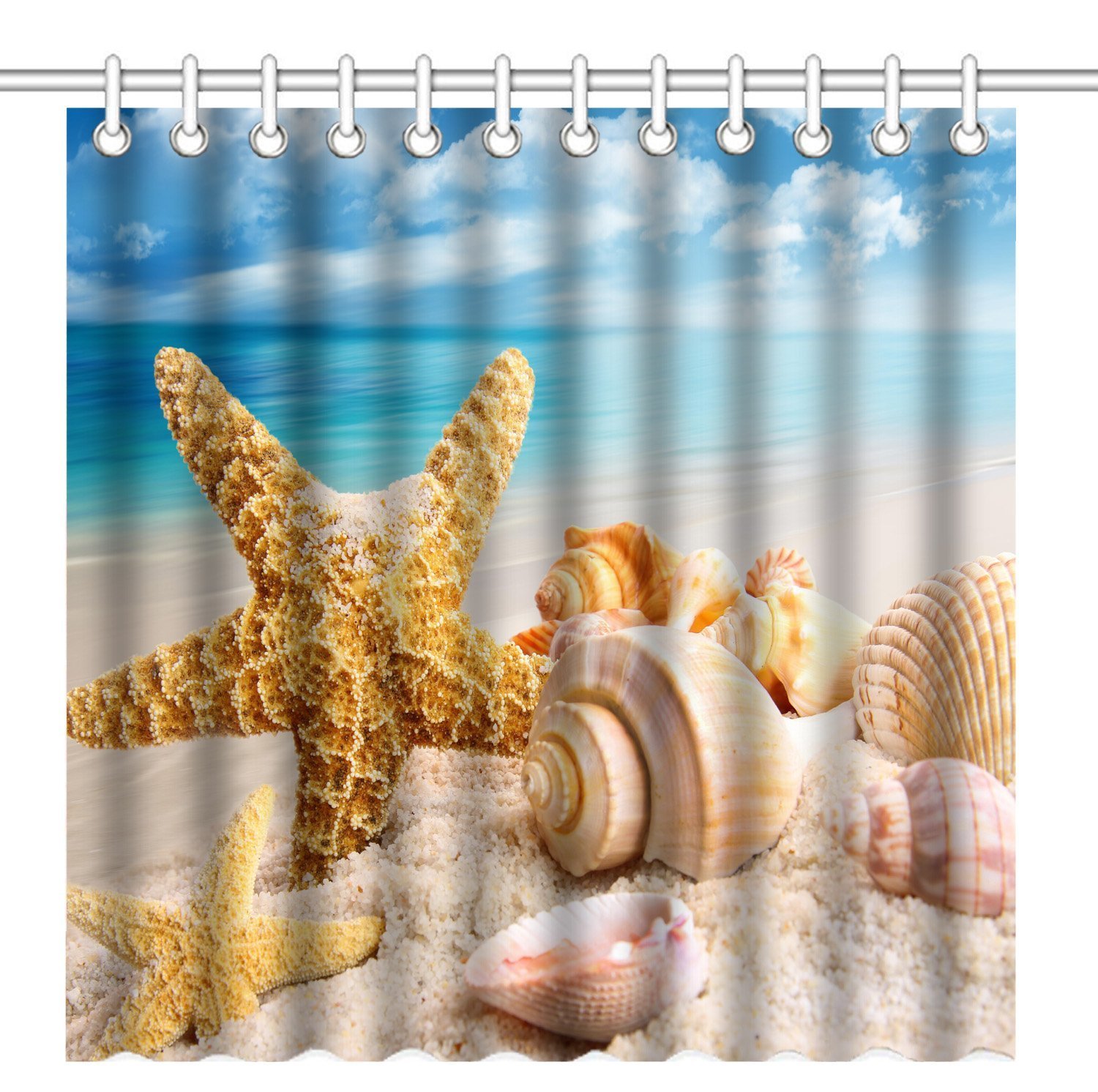 Starfish conch bathroom shower curtain, anti-mould 100% polyester bath shower curtain, 3D effect and digital print, waterproof with 12 white hooks, 180 x 180 cm