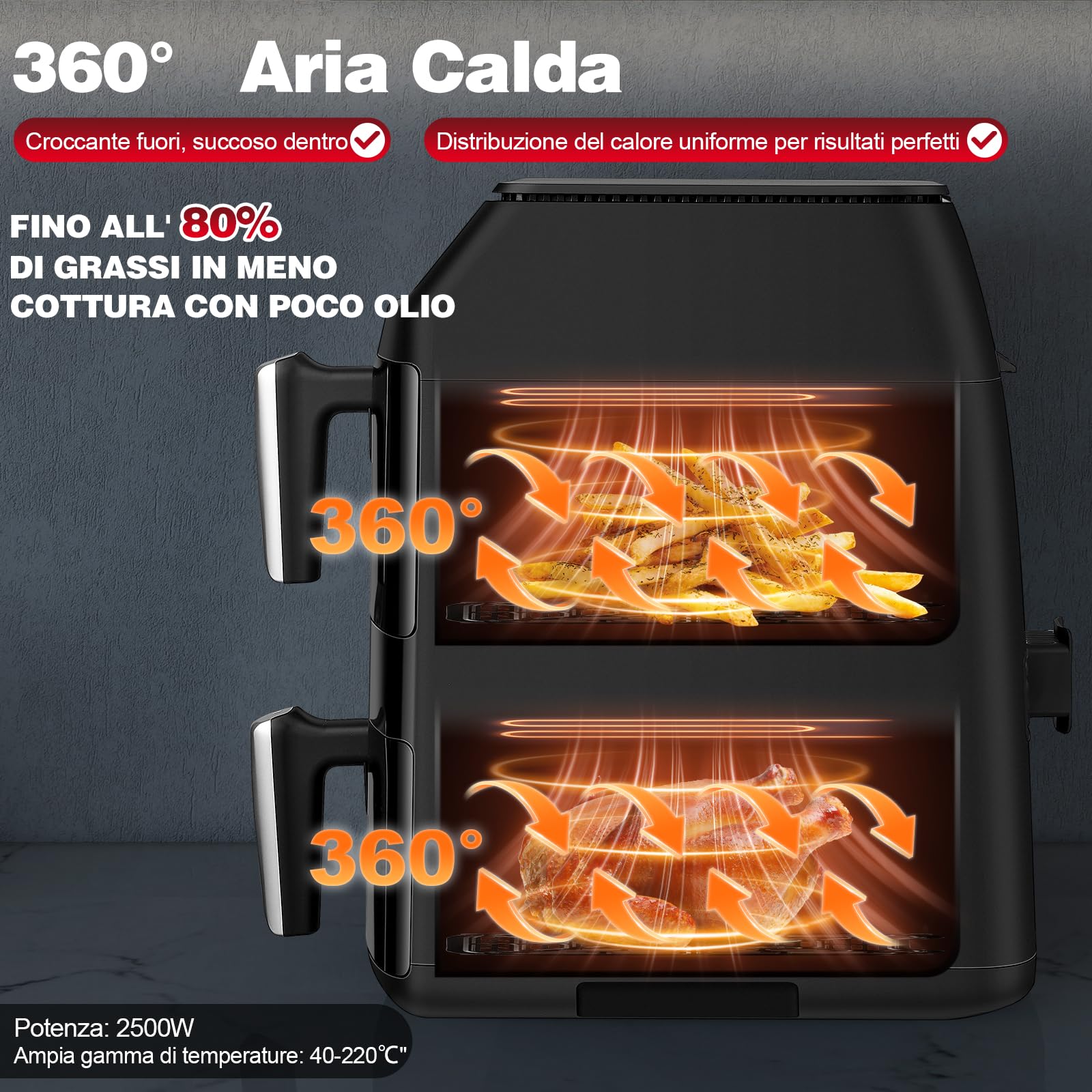 TopStrong Friggitrice ad Aria Doppio Cestello, 11 Litri Air Fryer Verticale 2 Cestelli con Finestra, 40-220℃, 6 Funzioni, Compatta, 2500W, Fino a 8 Persone, Componenti Lavabili in Lavastoviglie