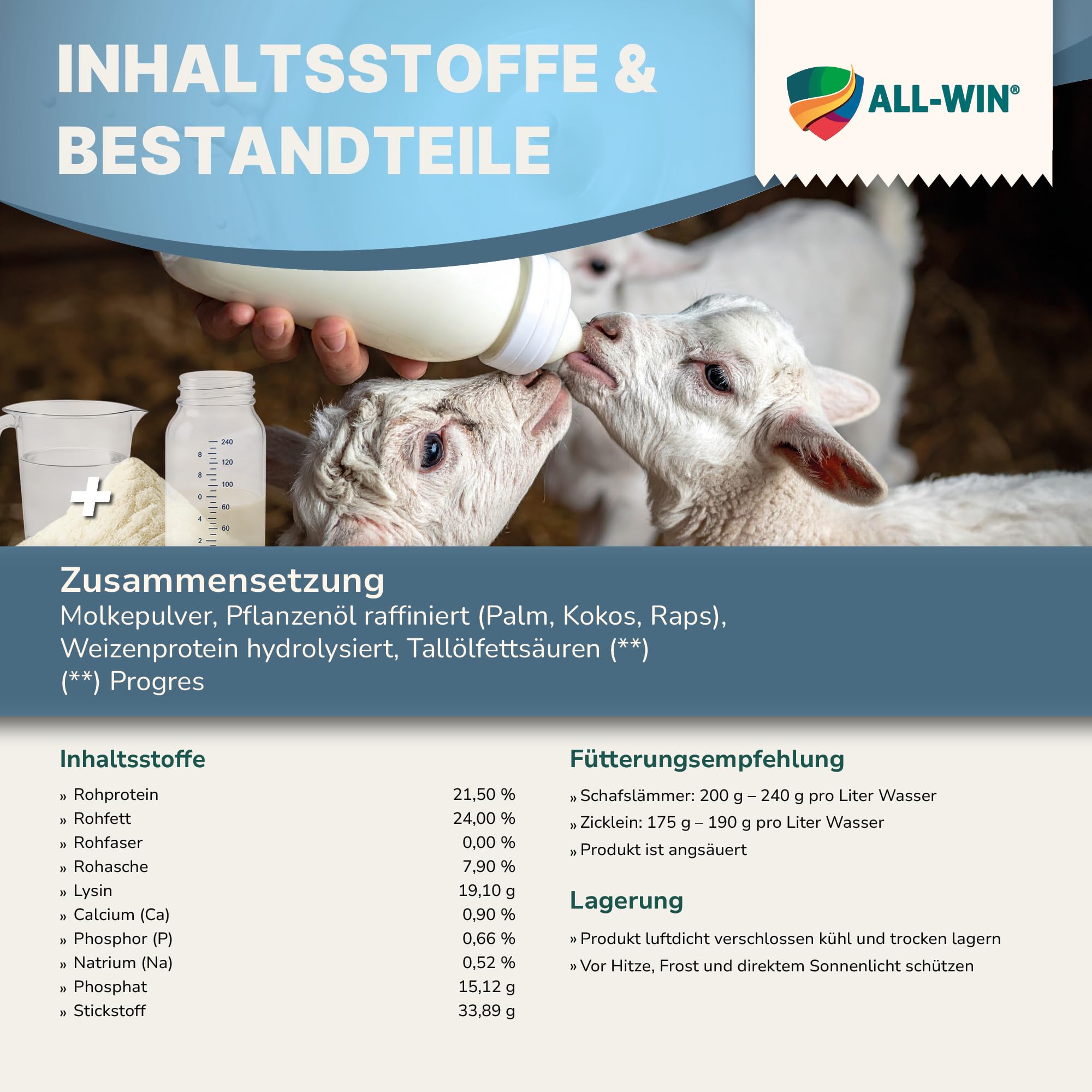 ALL-WIN Biotik Lämmermilch 25 kg – Milchaustauscher für Schaflämmer & Ziegenkitze | Premium Aufzuchtmilch mit Vitaminen A, D3 & E | Hochverdaulich & stabil | Optimale Nährstoffversorgung ab dem 1. Tag