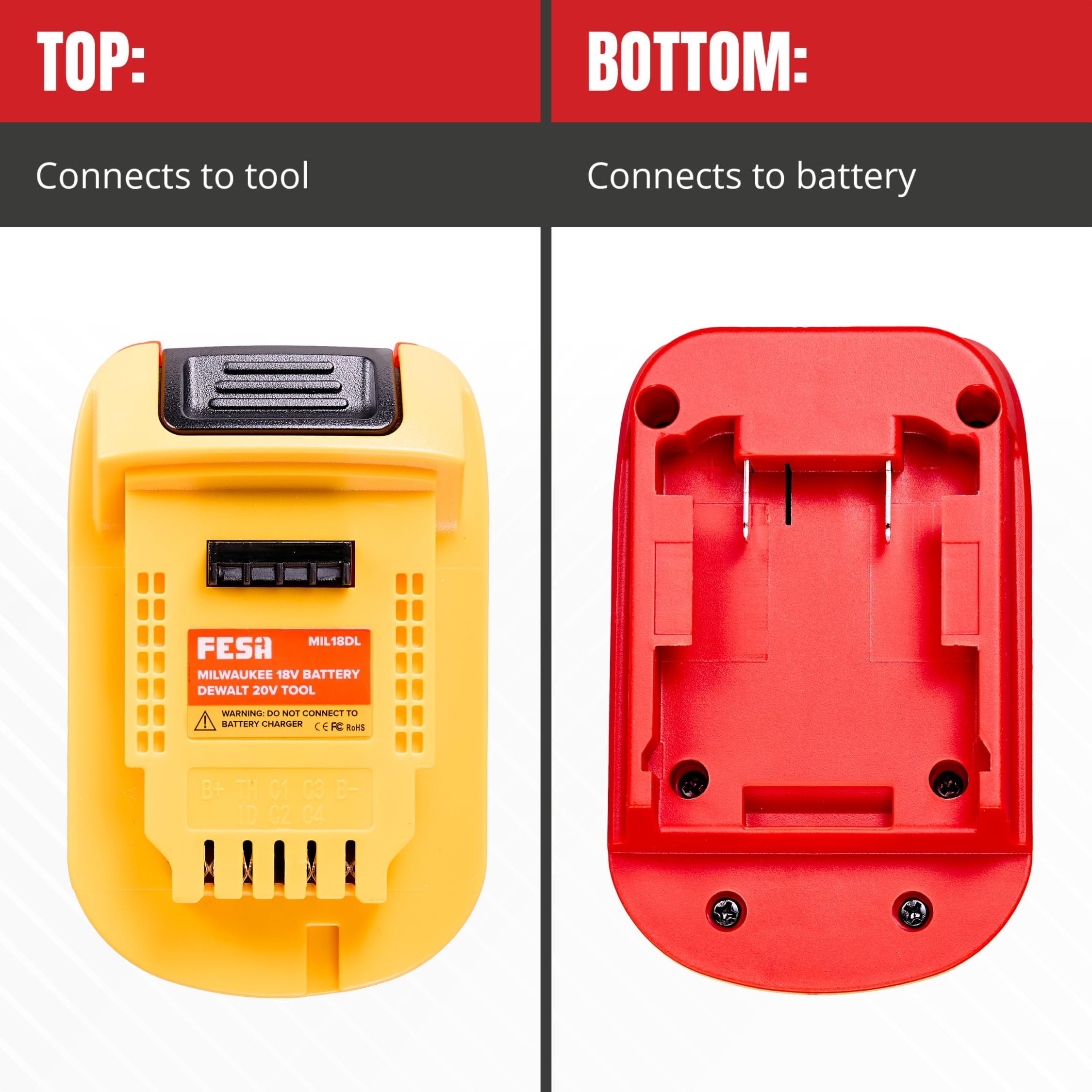 FESA Adaptador de batería compatible con Milwaukee a DeWalt – Convierte una batería Milwaukee de 18 V para usar con herramientas eléctricas inalámbricas DeWalt de 20 V – Cuerpo de doble color para una