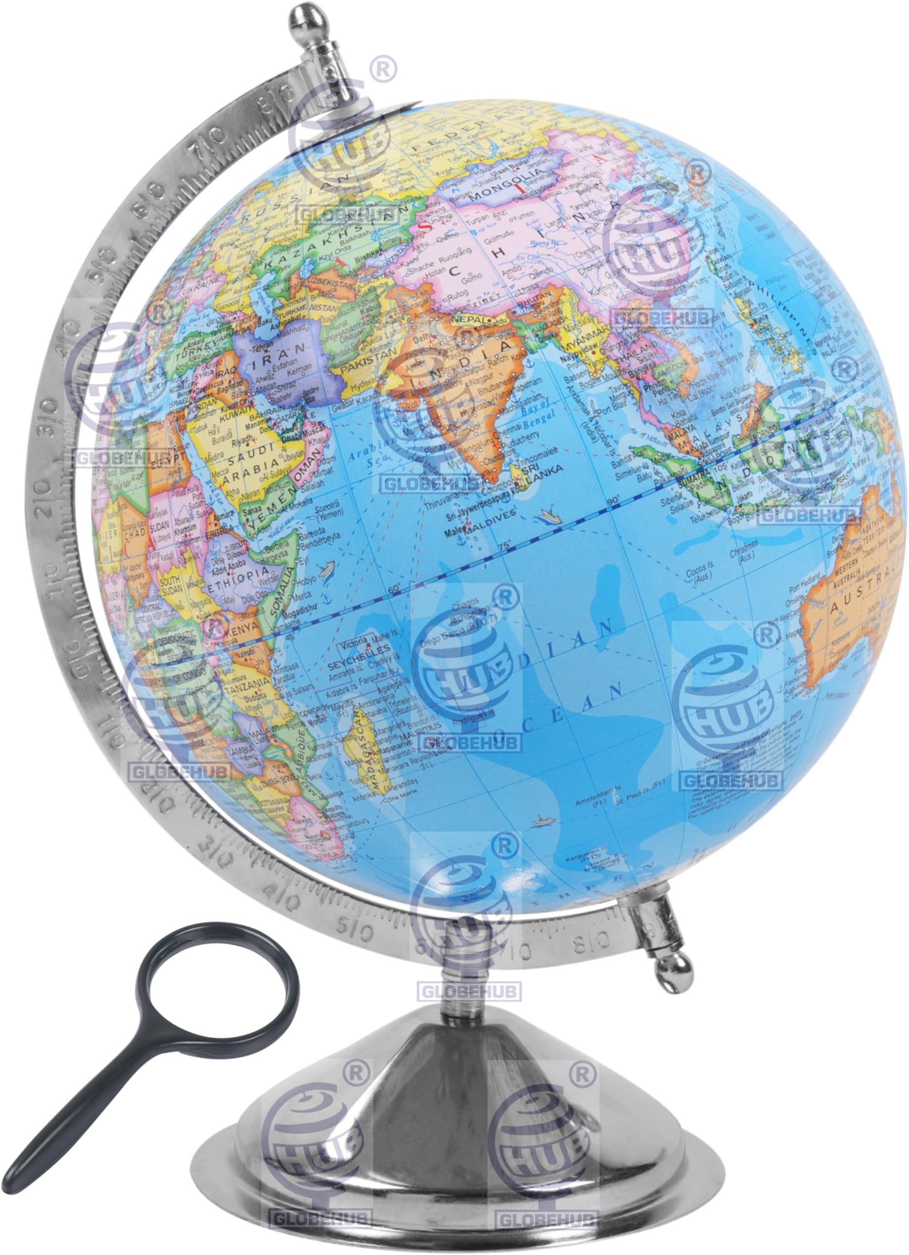 GLOBEHUB HUB Globe for Kids/Students 12 Inch Height and 8 Inch Diameter Mittal Educational Political World Globe in English Language with Magnifying Glass (blue, 8 inch)