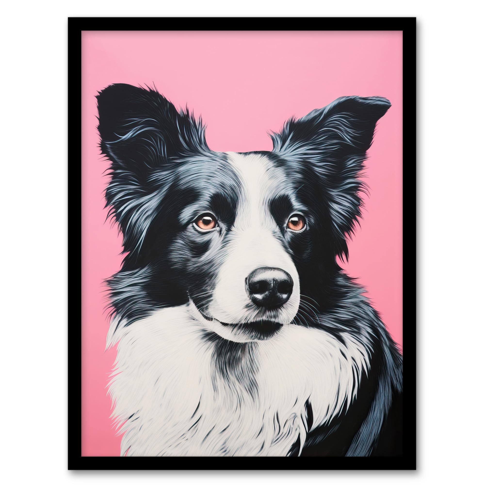 Artery8 Border Collie Pastel Pink Screen Print Risograph Artwork Spot Block Colour Duotone Retro Riso Interior Design Artwork Framed Wall Art Print 18X24 Inch