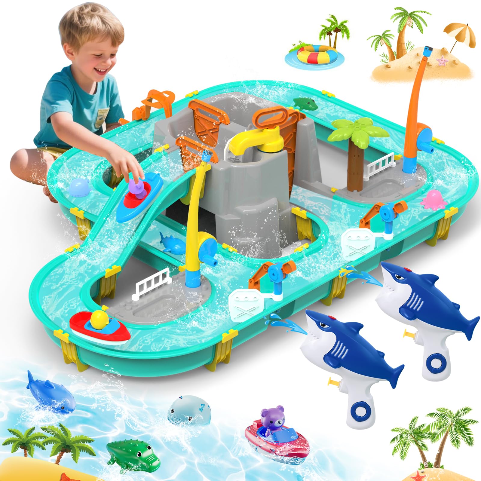 PATEMZON Wassertisch Spielzeug, Wasserbahn Kinder Draußen Mit Rutsche Und Angelfunktion, 2 In 1 Wasserspielzeug Kinder Outdoor Mit 2 Boote, 2 Angelruten Und 2 Kleine Wasserpistolen Für 3+ Jahr